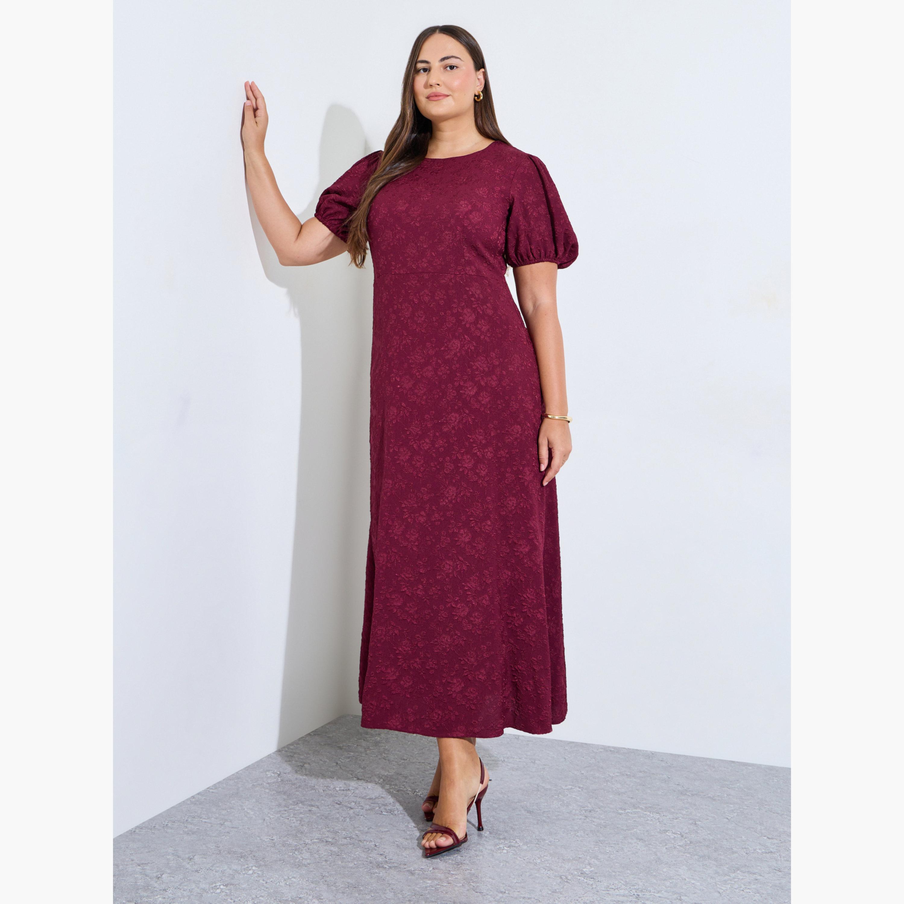 Styli Plus Size Purple Puff Sleeves Textured A-Line Maxi Dress-women-clothing-dresses-image-1