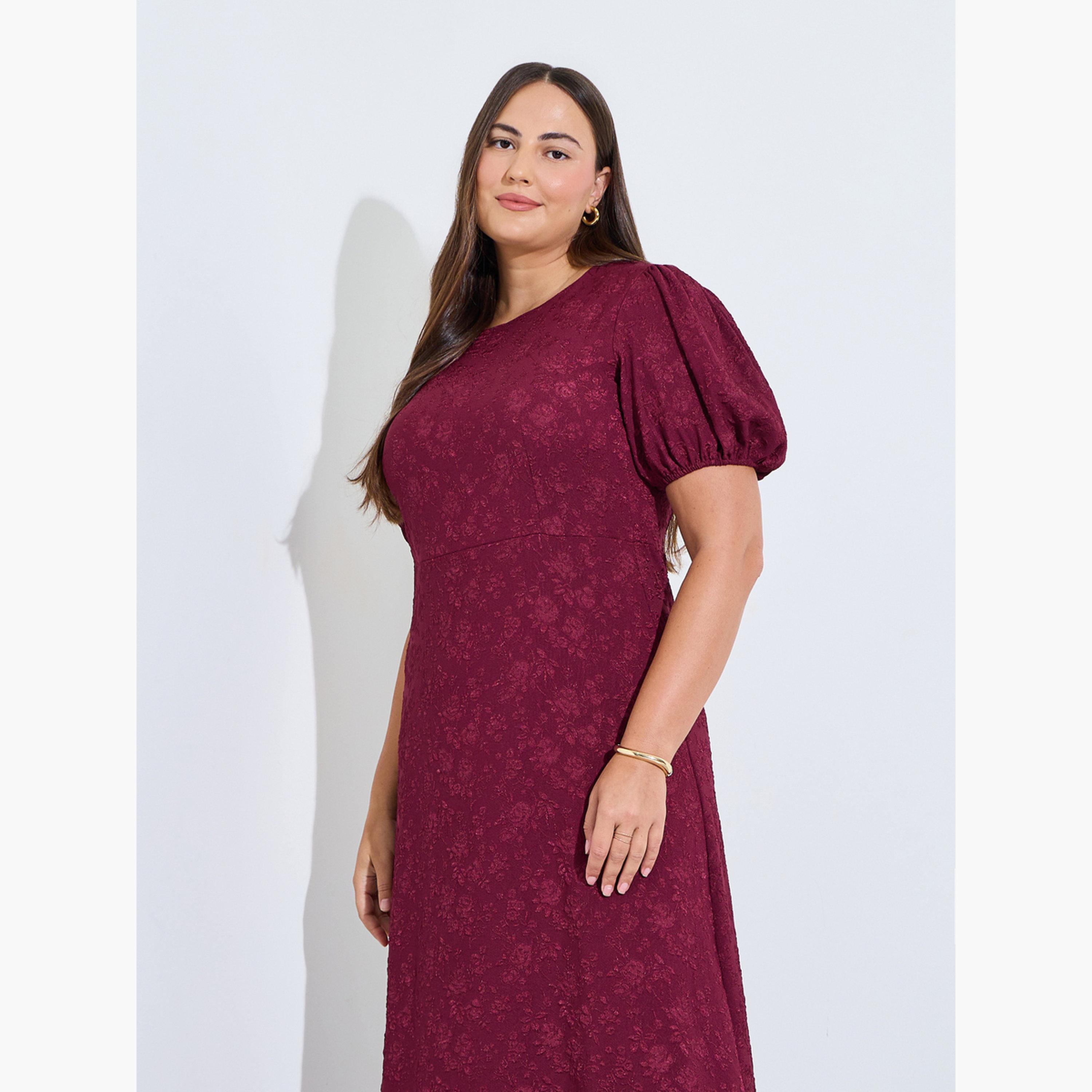 Styli Plus Size Purple Puff Sleeves Textured A-Line Maxi Dress-women-clothing-dresses-image-2