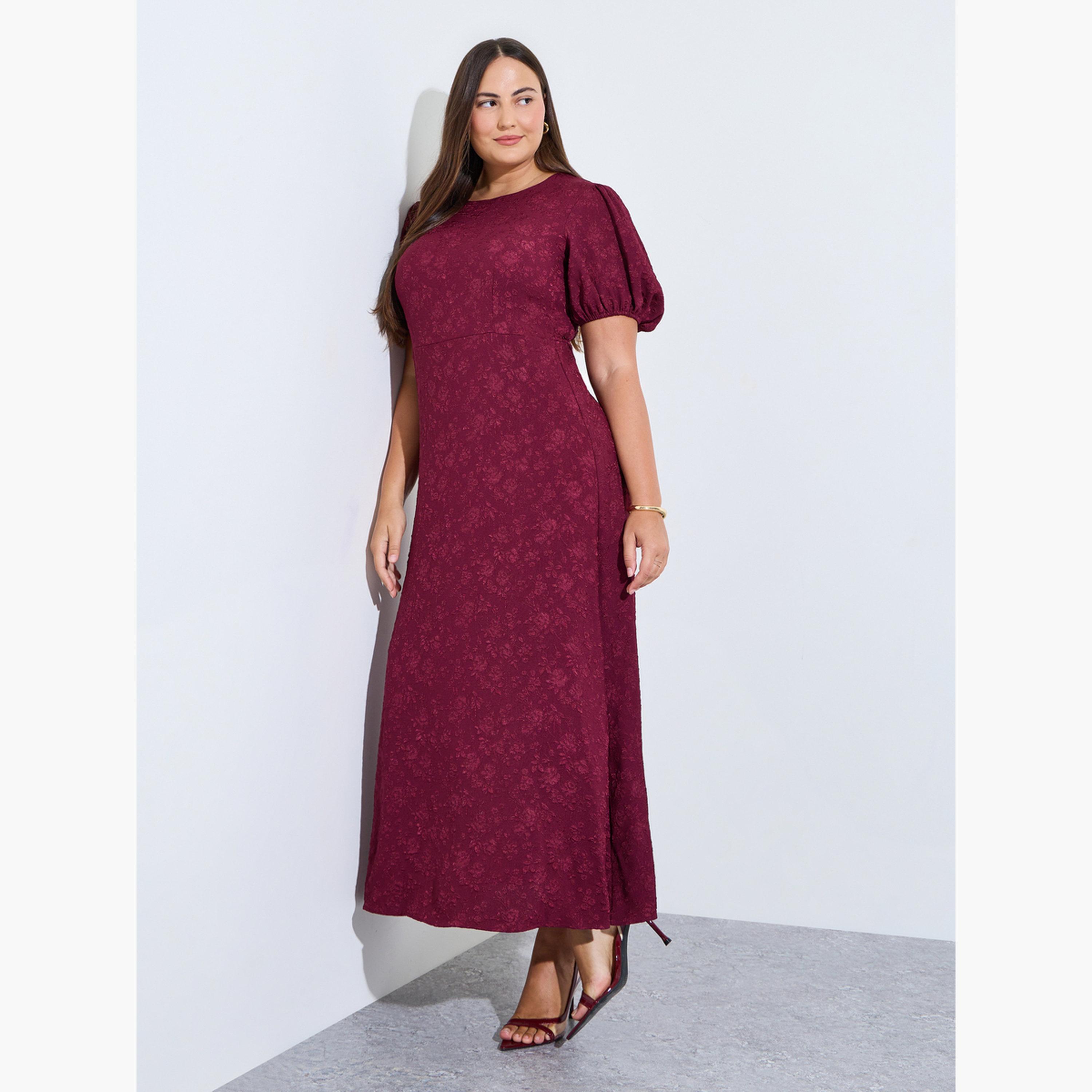 Styli Plus Size Purple Puff Sleeves Textured A-Line Maxi Dress-women-clothing-dresses-image-3