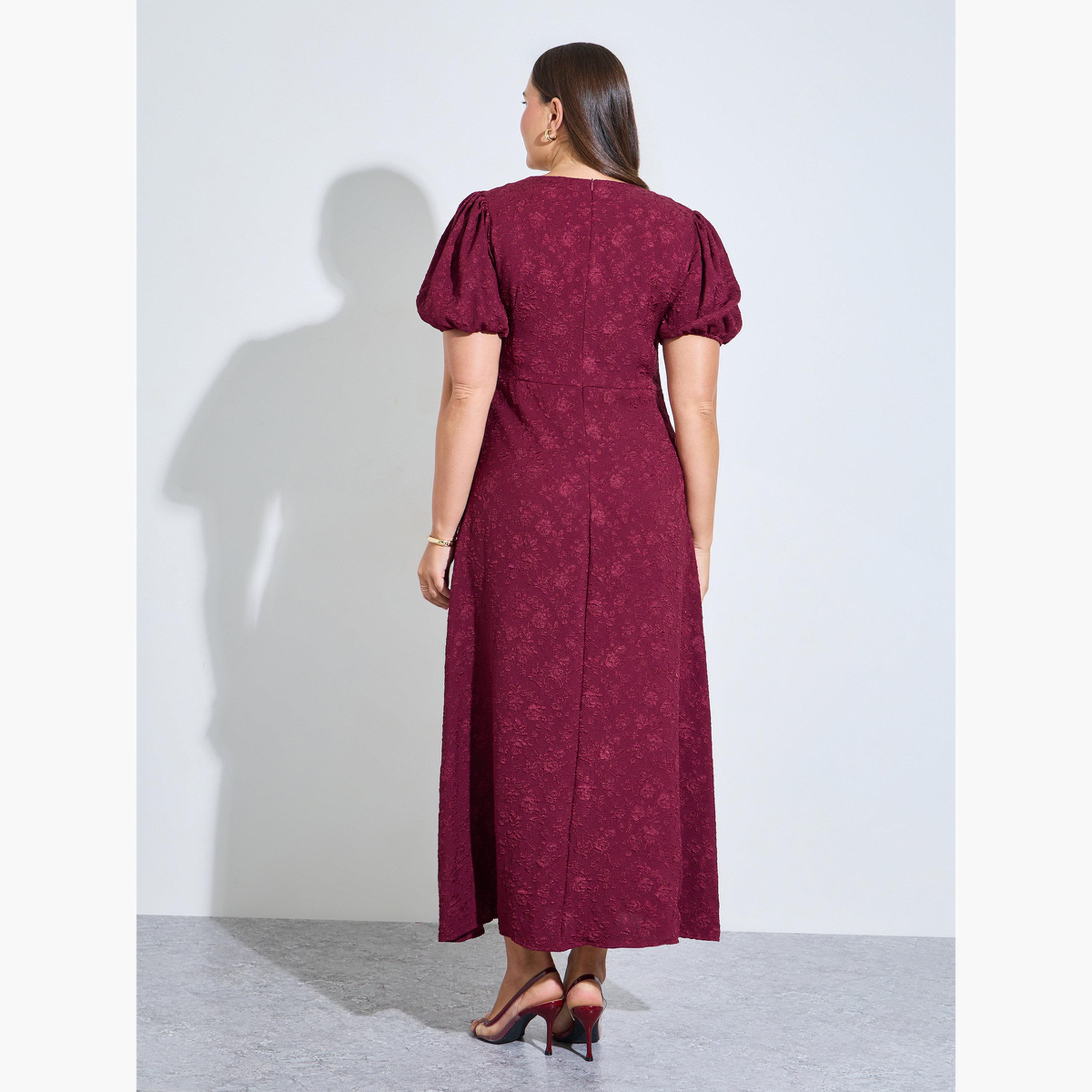 Styli Plus Size Purple Puff Sleeves Textured A-Line Maxi Dress-women-clothing-dresses-image-4