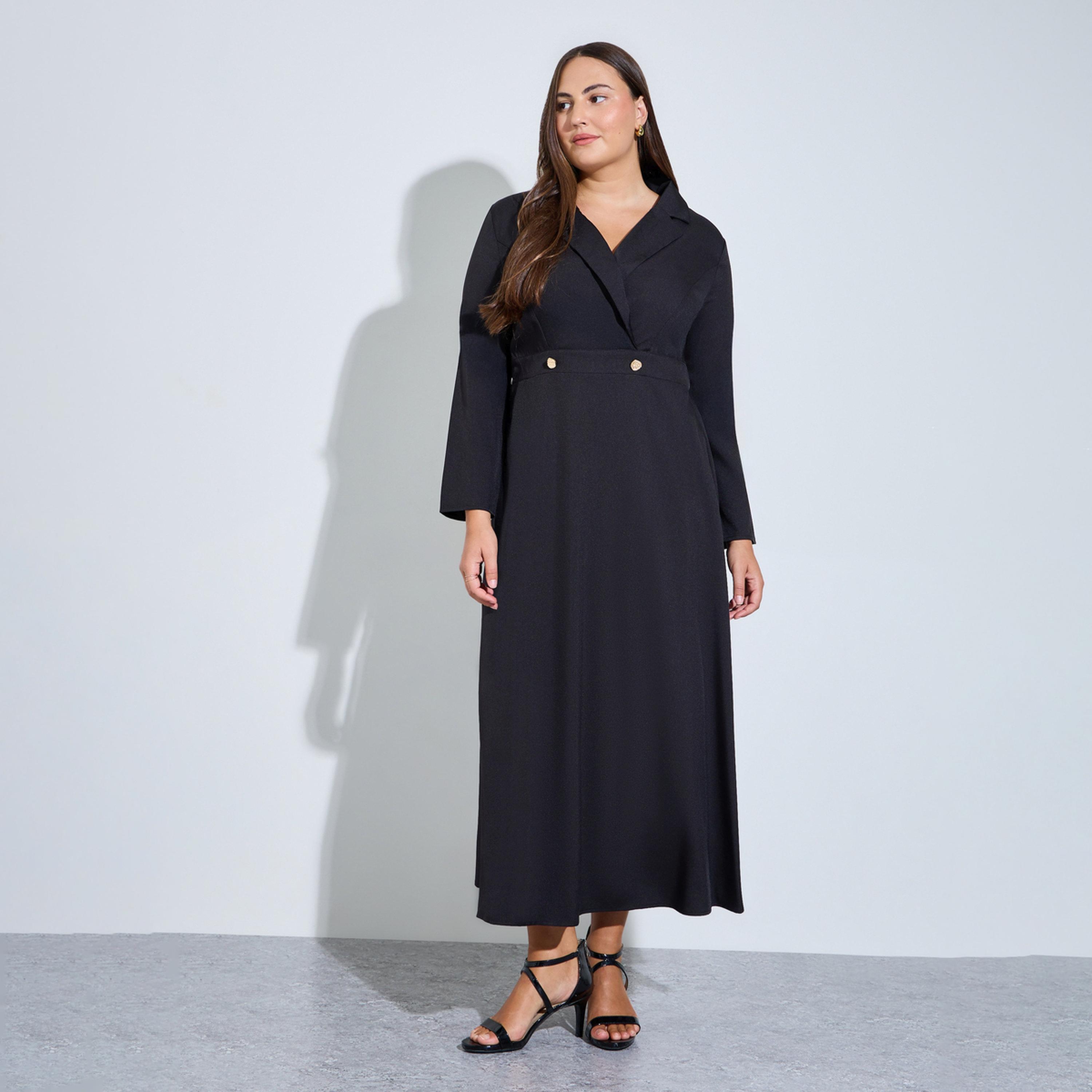 Styli Plus Size Black Double Breasted A-Line Maxi Dress-women-clothing-dresses-image-1