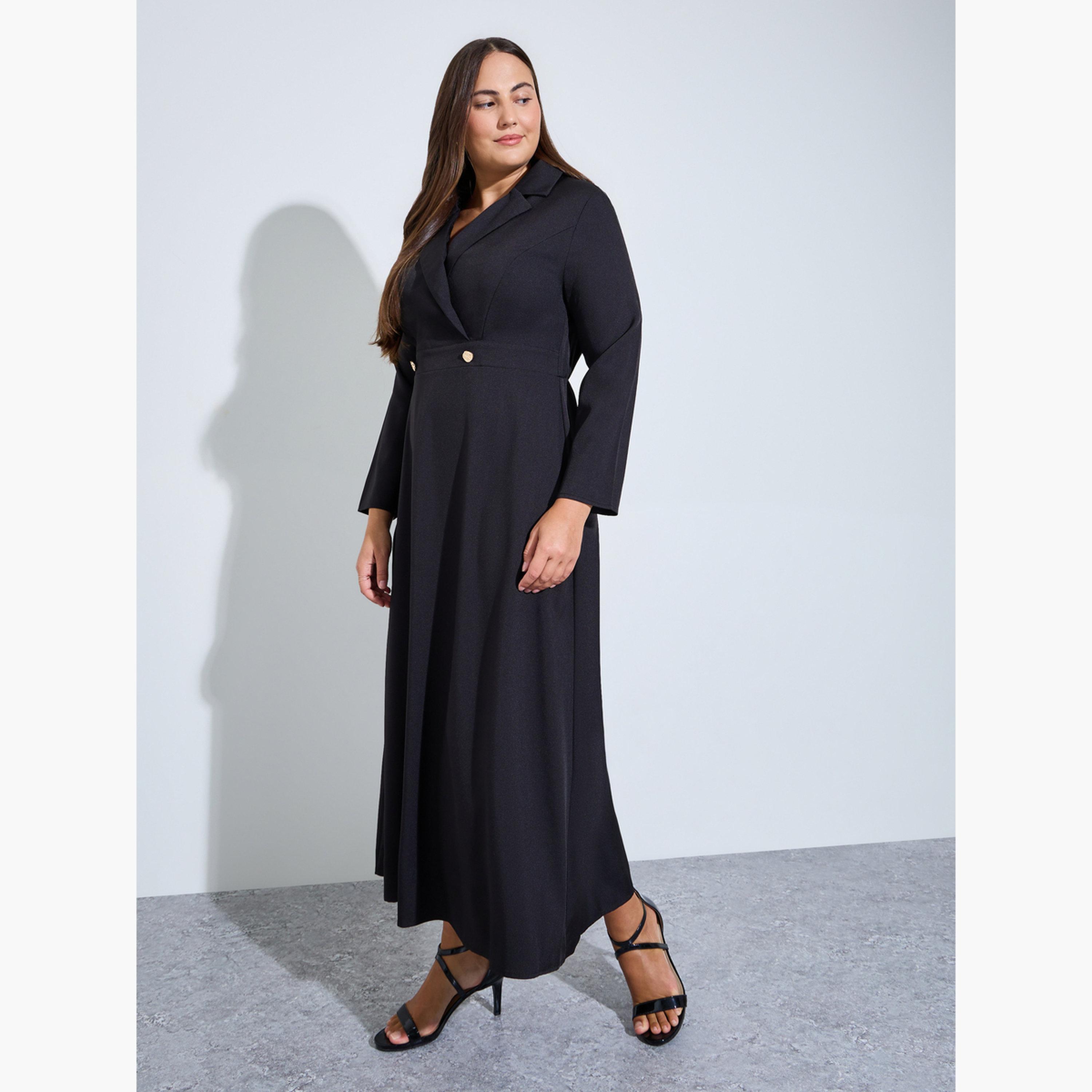 Styli Plus Size Black Double Breasted A-Line Maxi Dress-women-clothing-dresses-image-2