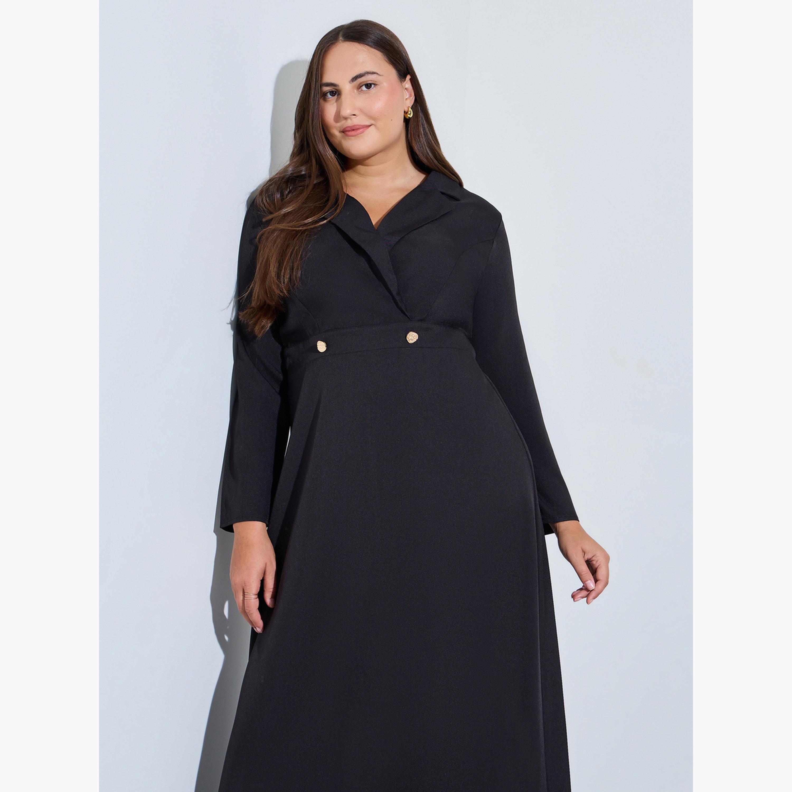 Styli Plus Size Black Double Breasted A-Line Maxi Dress-women-clothing-dresses-image-3