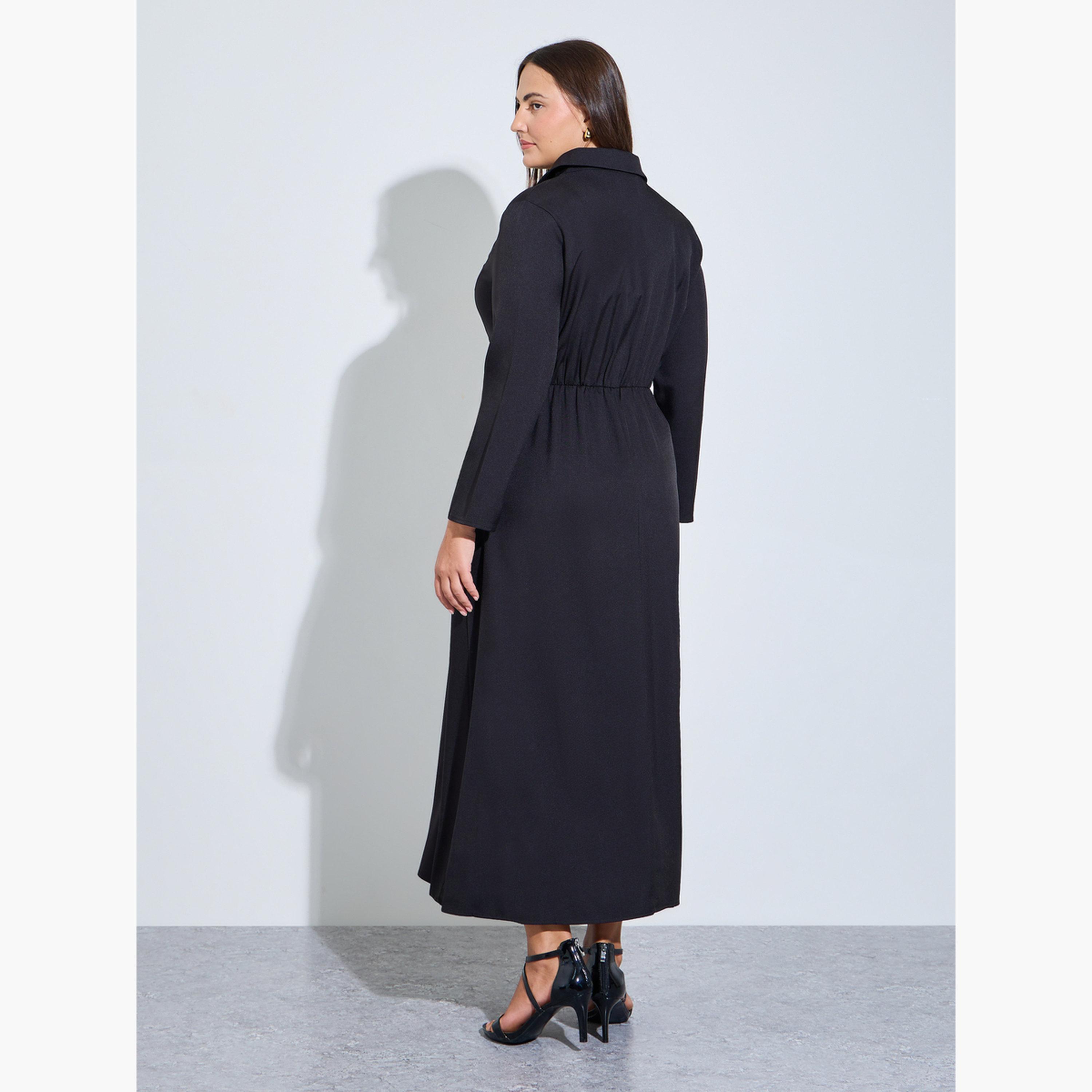 Styli Plus Size Black Double Breasted A-Line Maxi Dress-women-clothing-dresses-image-4