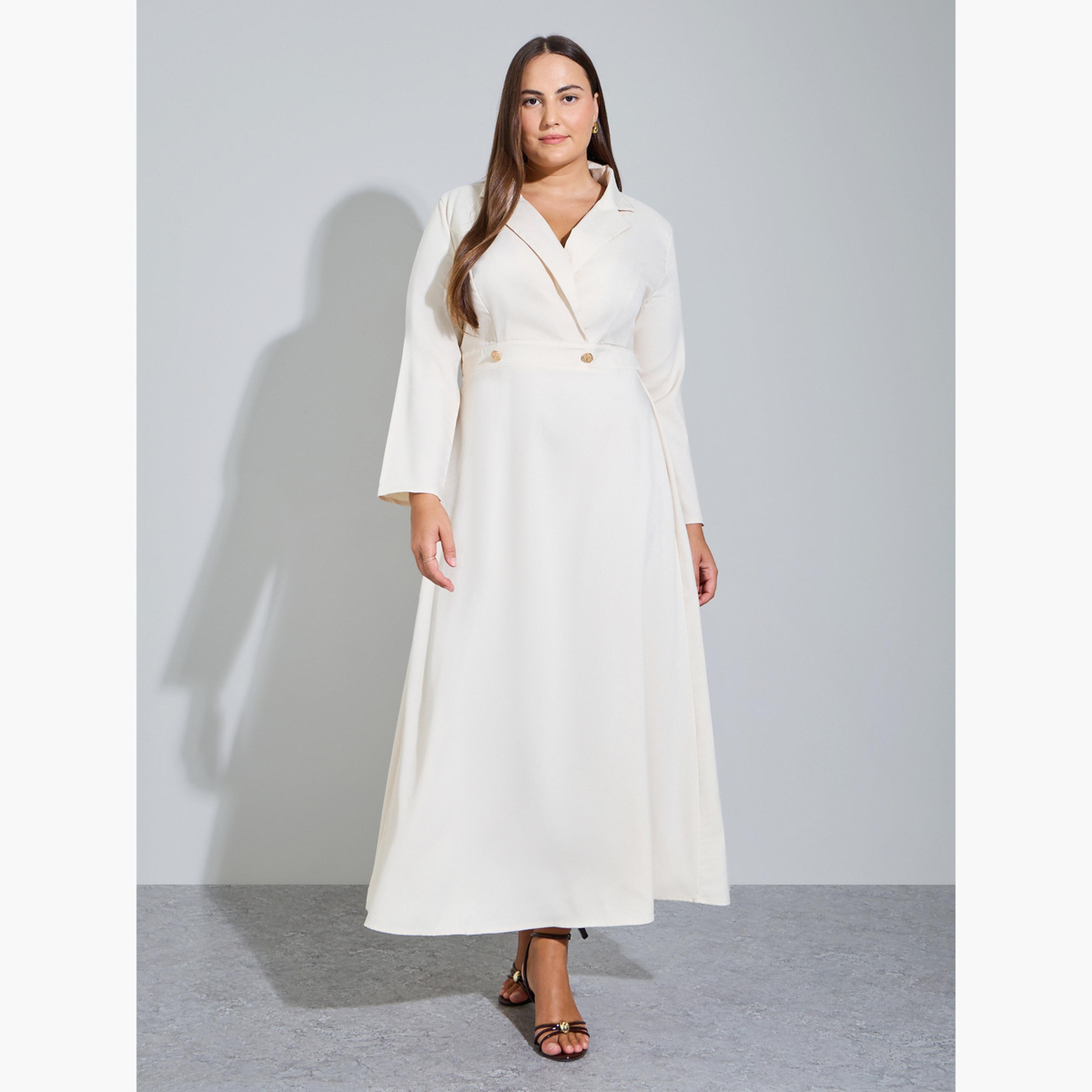 Styli Plus Size Off White Double Breasted A-Line Maxi Dress-women-clothing-dresses-image-1