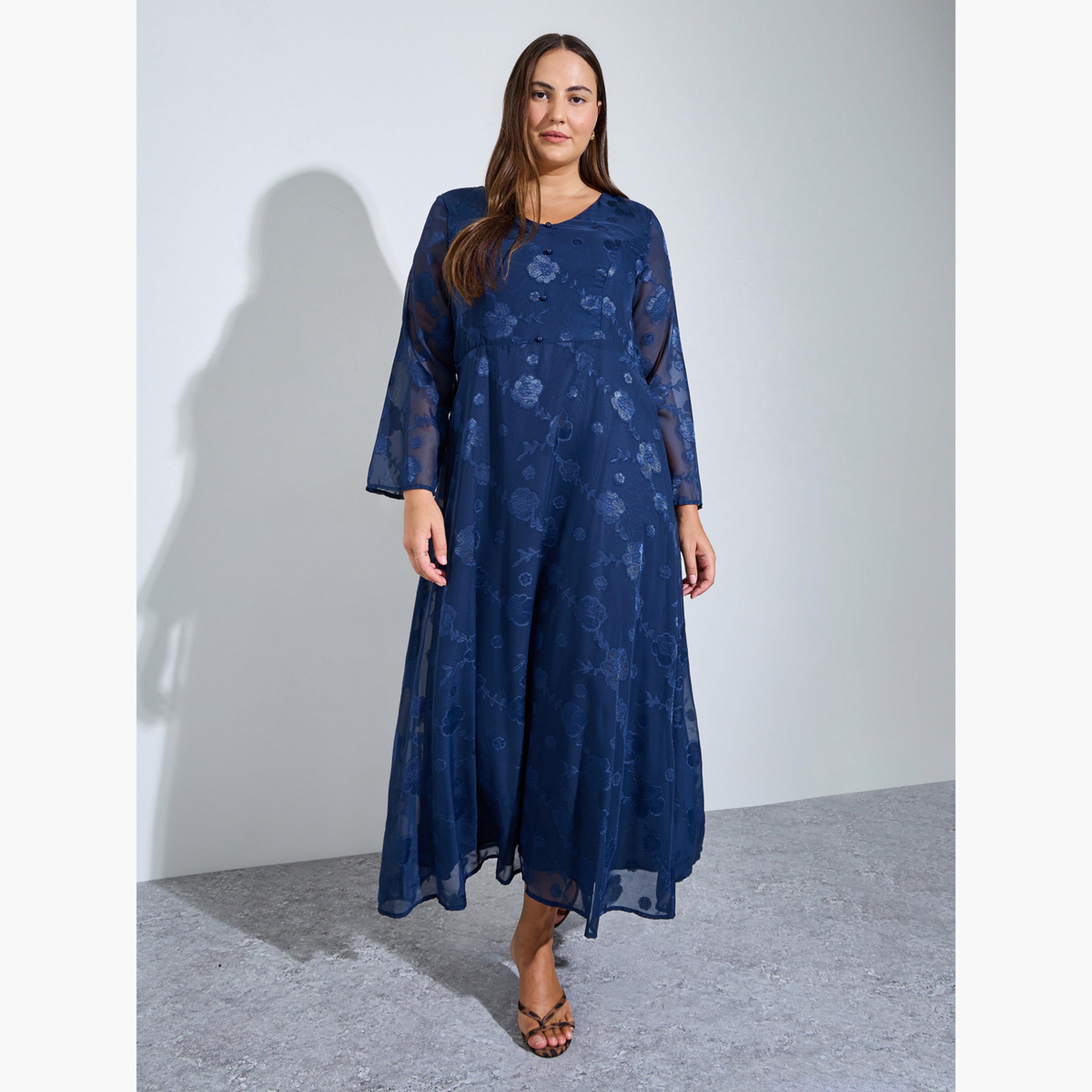 فستان طويل جاكار بتطريز زهور وبحافة واسعة بمقاس كبير-women-clothing-dresses-image-1
