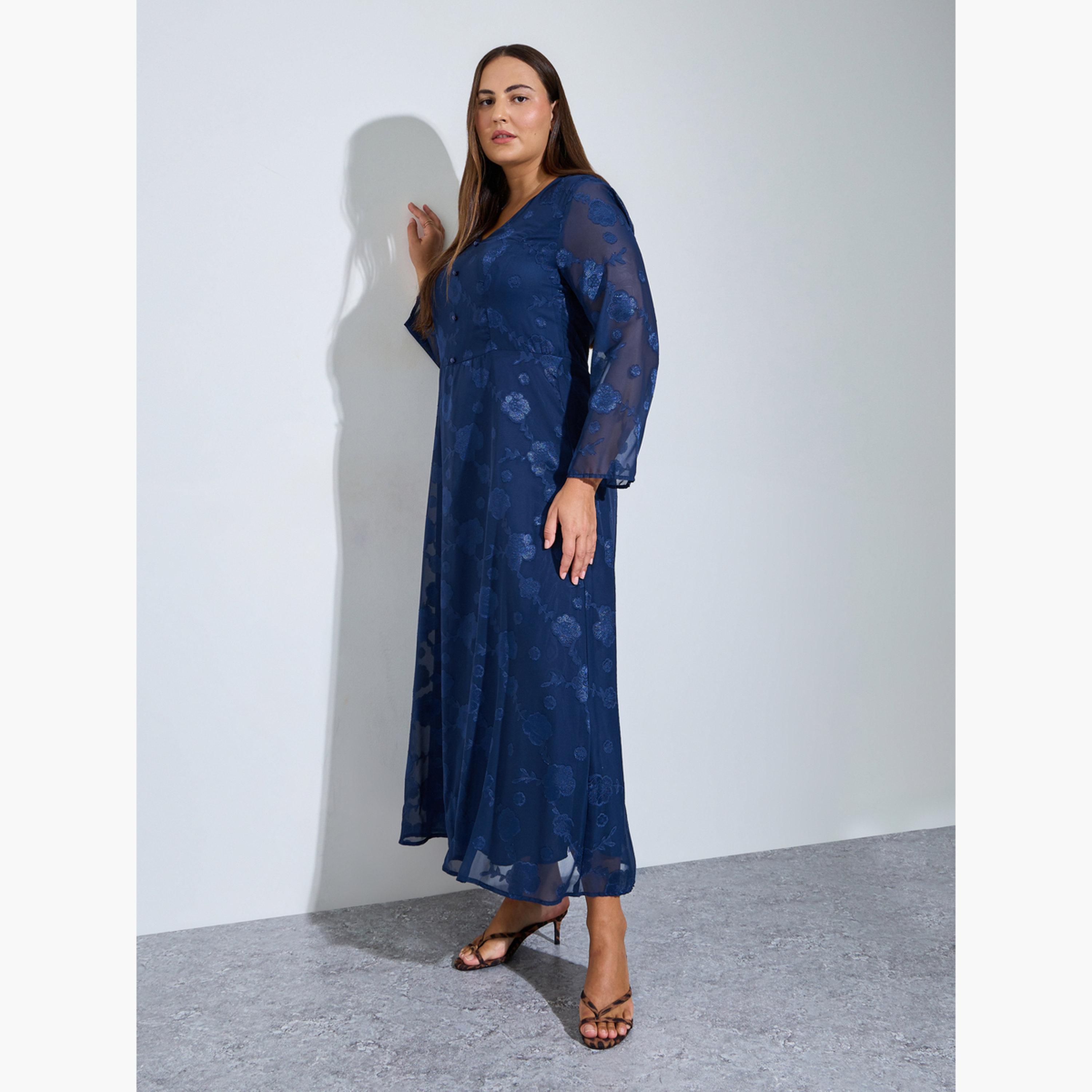 فستان طويل جاكار بتطريز زهور وبحافة واسعة بمقاس كبير-women-clothing-dresses-image-2
