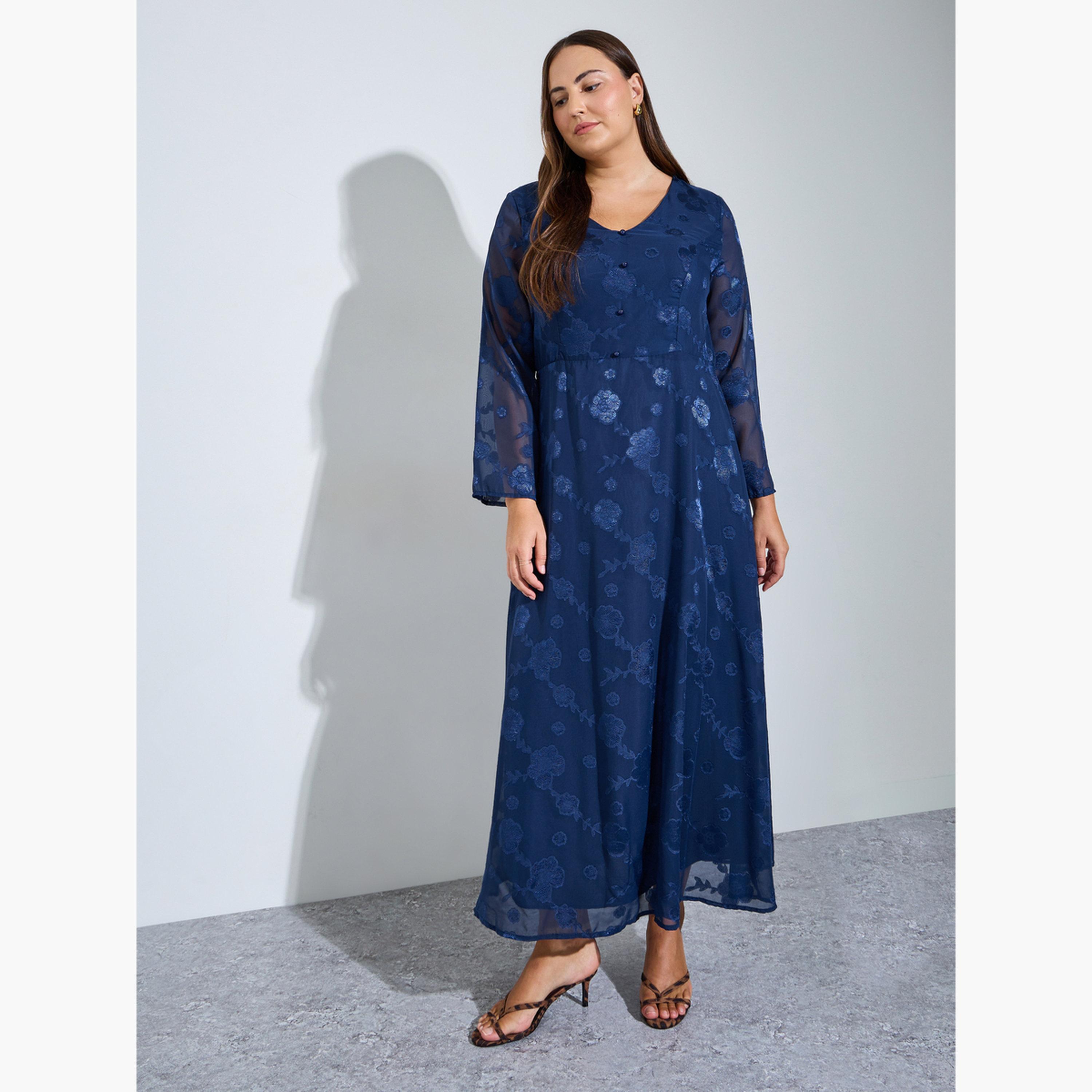 فستان طويل جاكار بتطريز زهور وبحافة واسعة بمقاس كبير-women-clothing-dresses-image-3