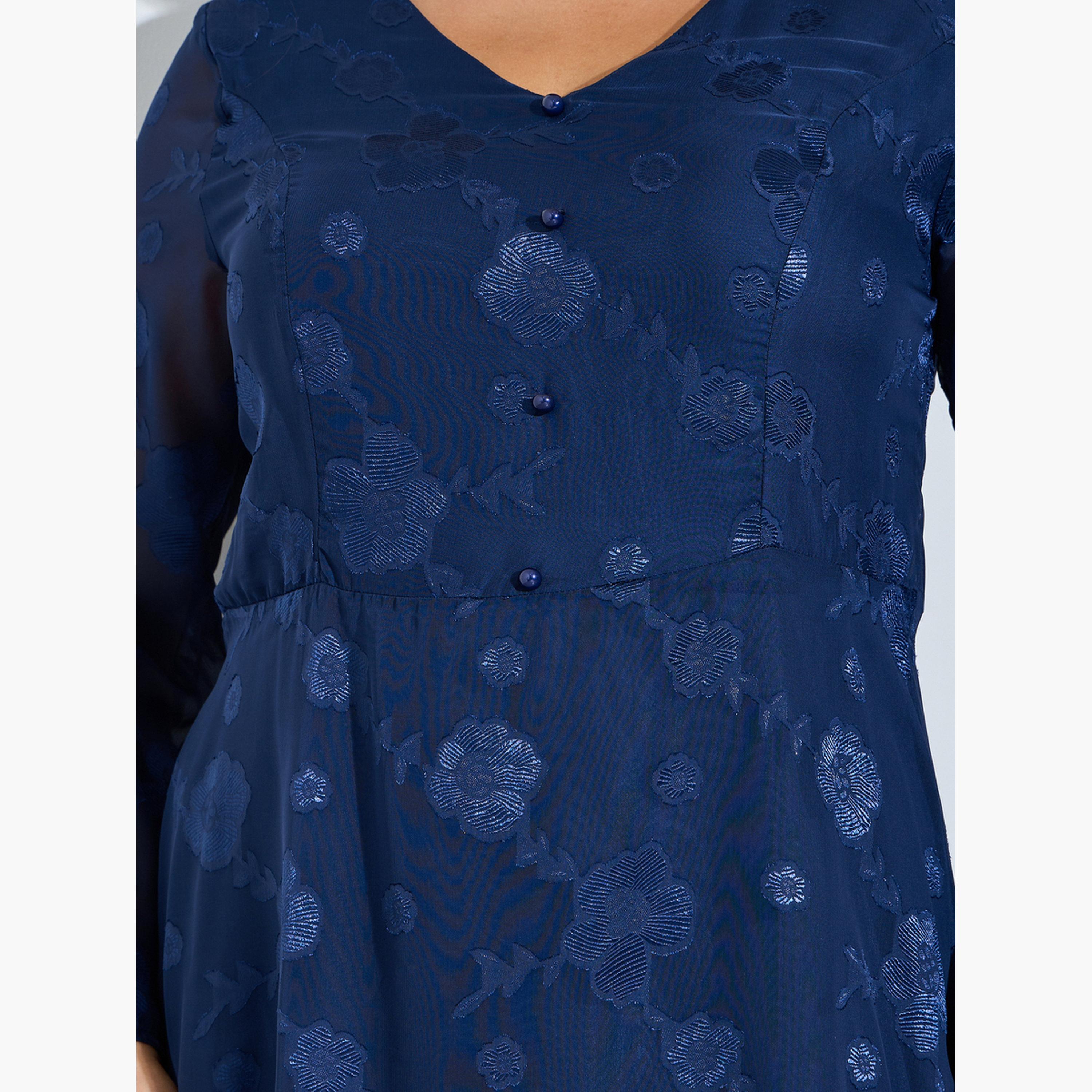 فستان طويل جاكار بتطريز زهور وبحافة واسعة بمقاس كبير-women-clothing-dresses-image-5