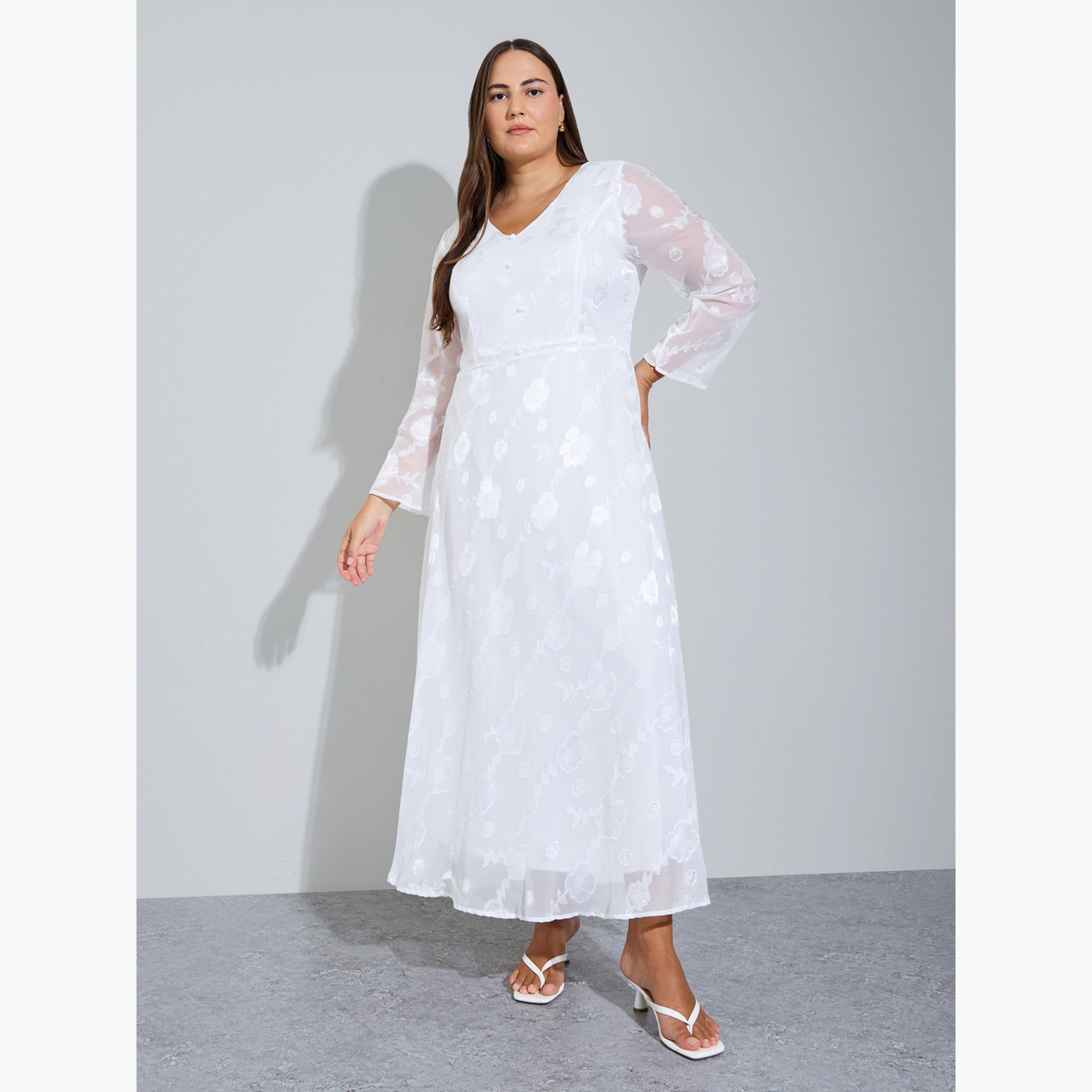 Styli Plus Size Off White Floral Embroidery Jacquard A-Line Maxi Dress-women-clothing-dresses-image-1