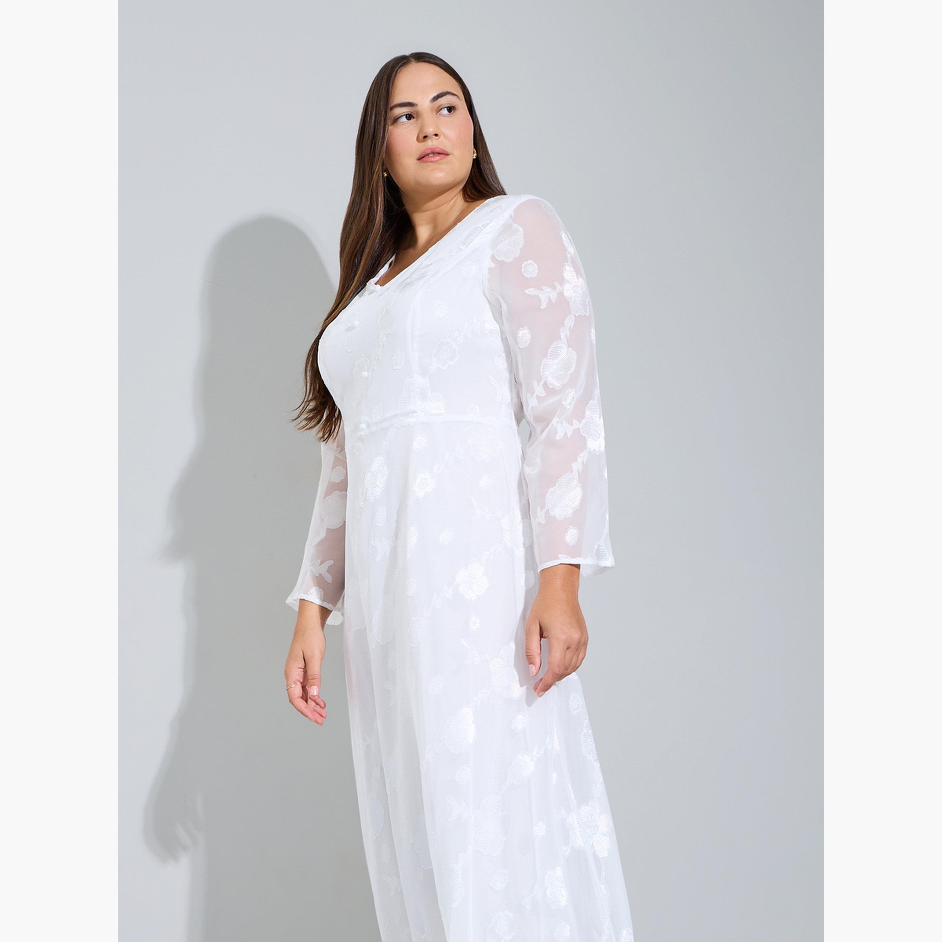 Styli Plus Size Off White Floral Embroidery Jacquard A-Line Maxi Dress-women-clothing-dresses-image-2