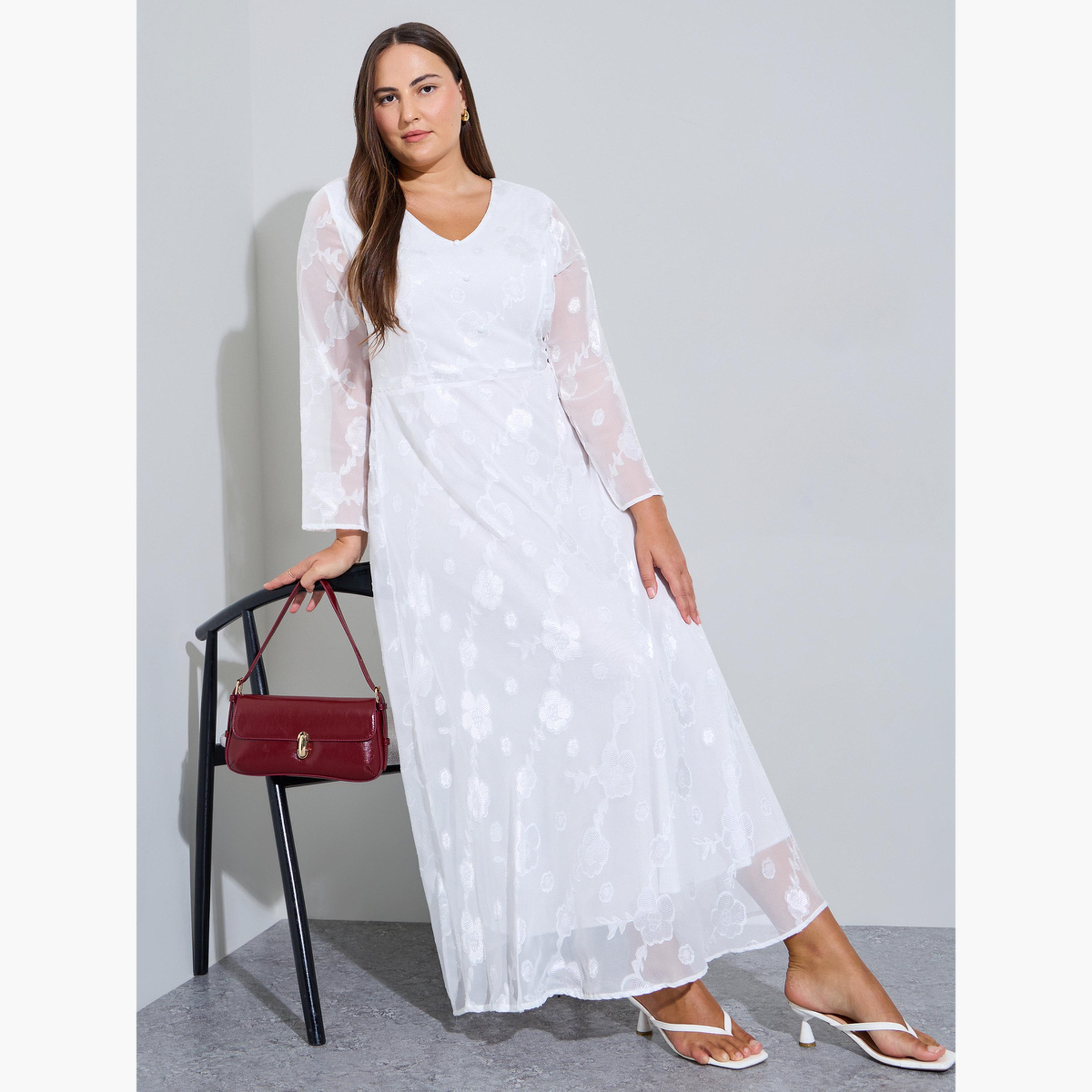 Styli Plus Size Off White Floral Embroidery Jacquard A-Line Maxi Dress-women-clothing-dresses-image-3
