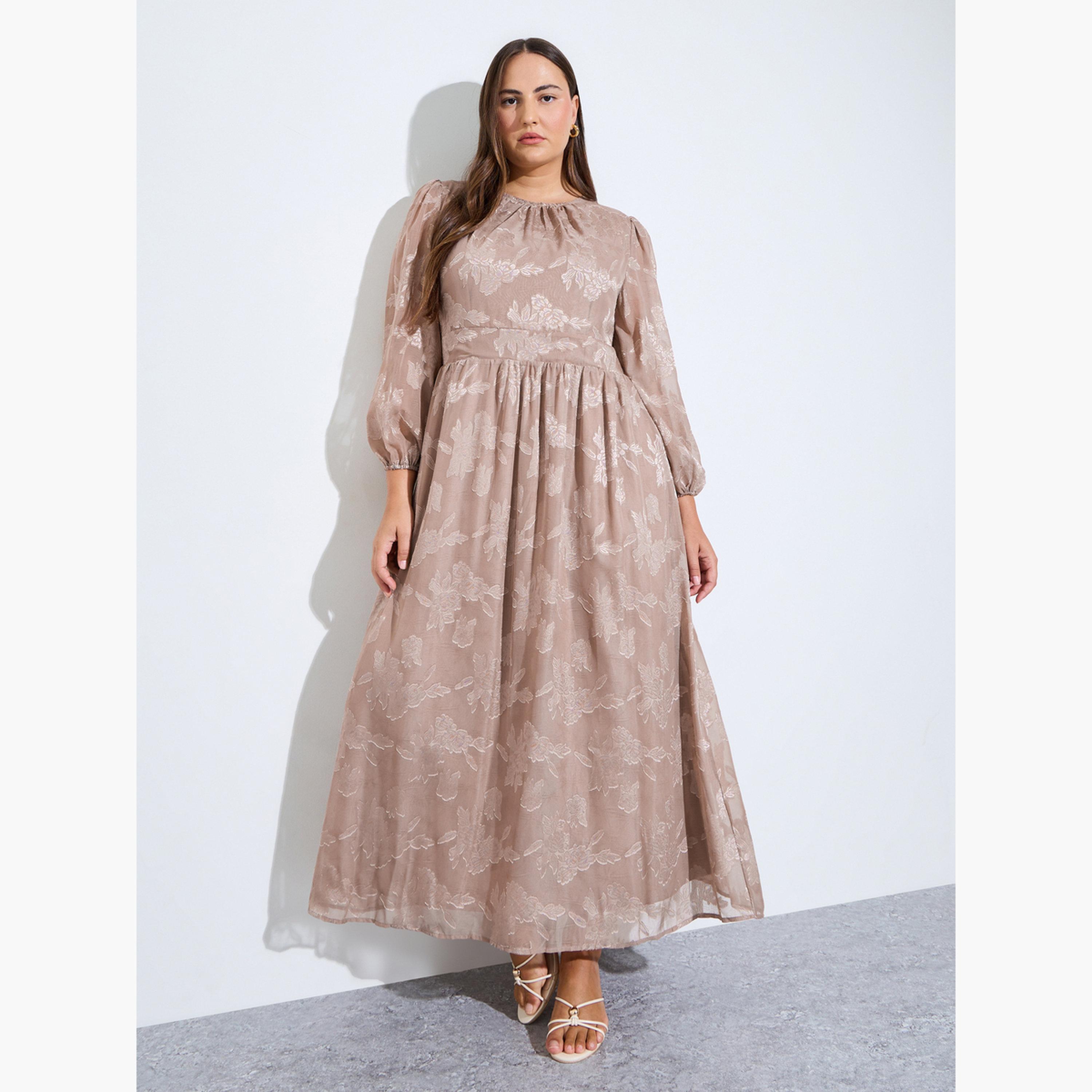 Styli Plus Size Beige Floral Print Jacquard A-Line Maxi Dress-women-clothing-dresses-image-1