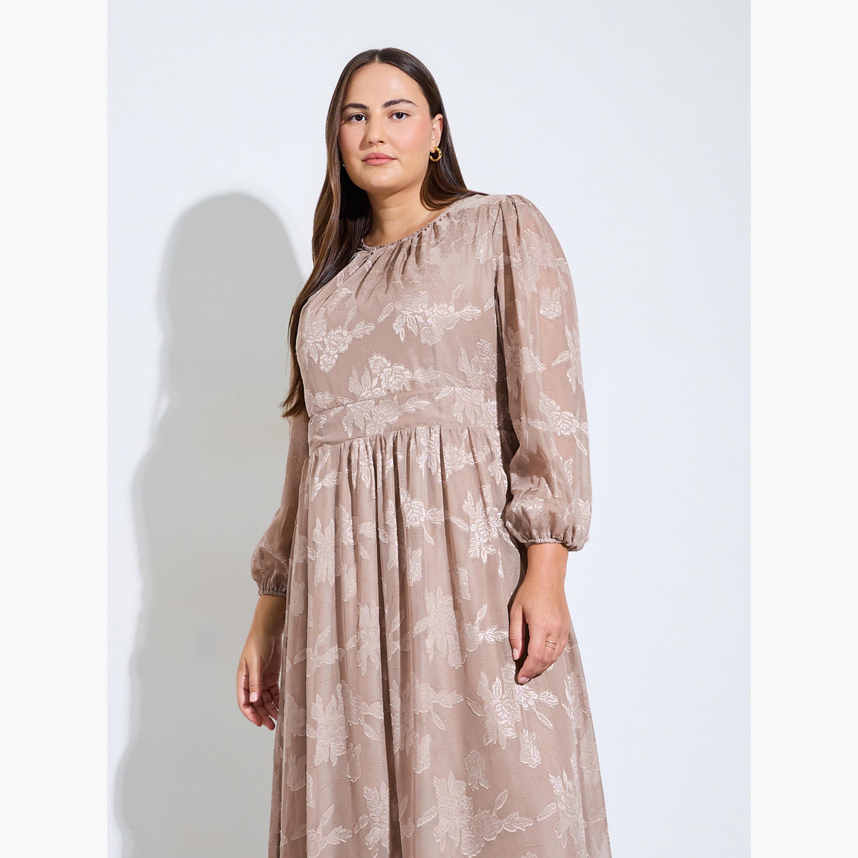 Styli Plus Size Beige Floral Print Jacquard A-Line Maxi Dress-women-clothing-dresses-image-2
