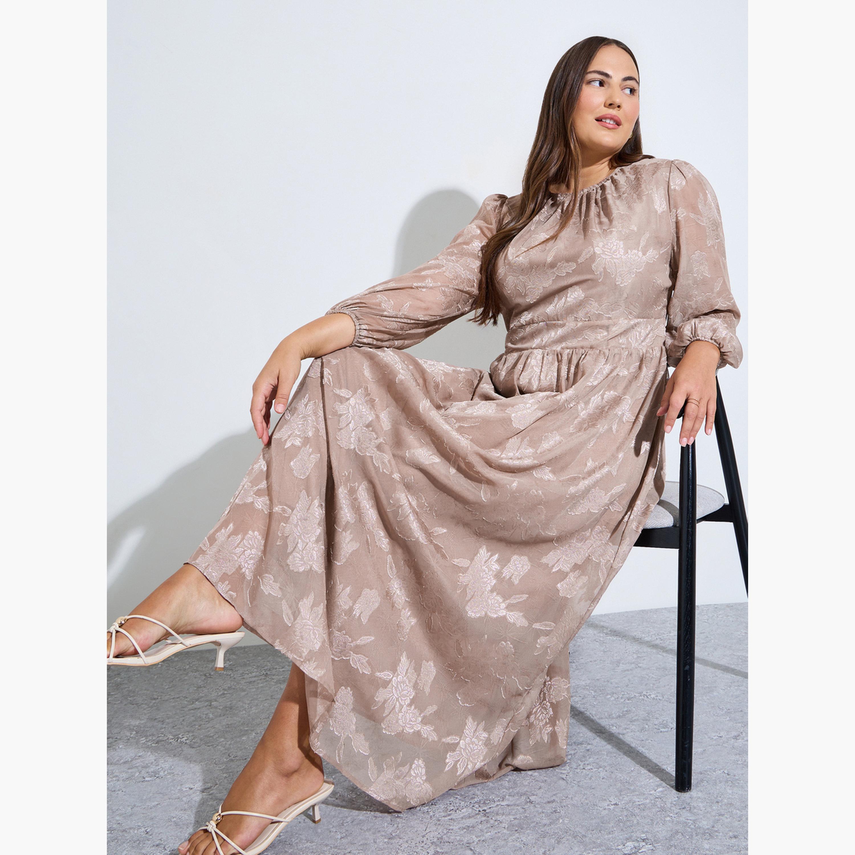 Styli Plus Size Beige Floral Print Jacquard A-Line Maxi Dress-women-clothing-dresses-image-3