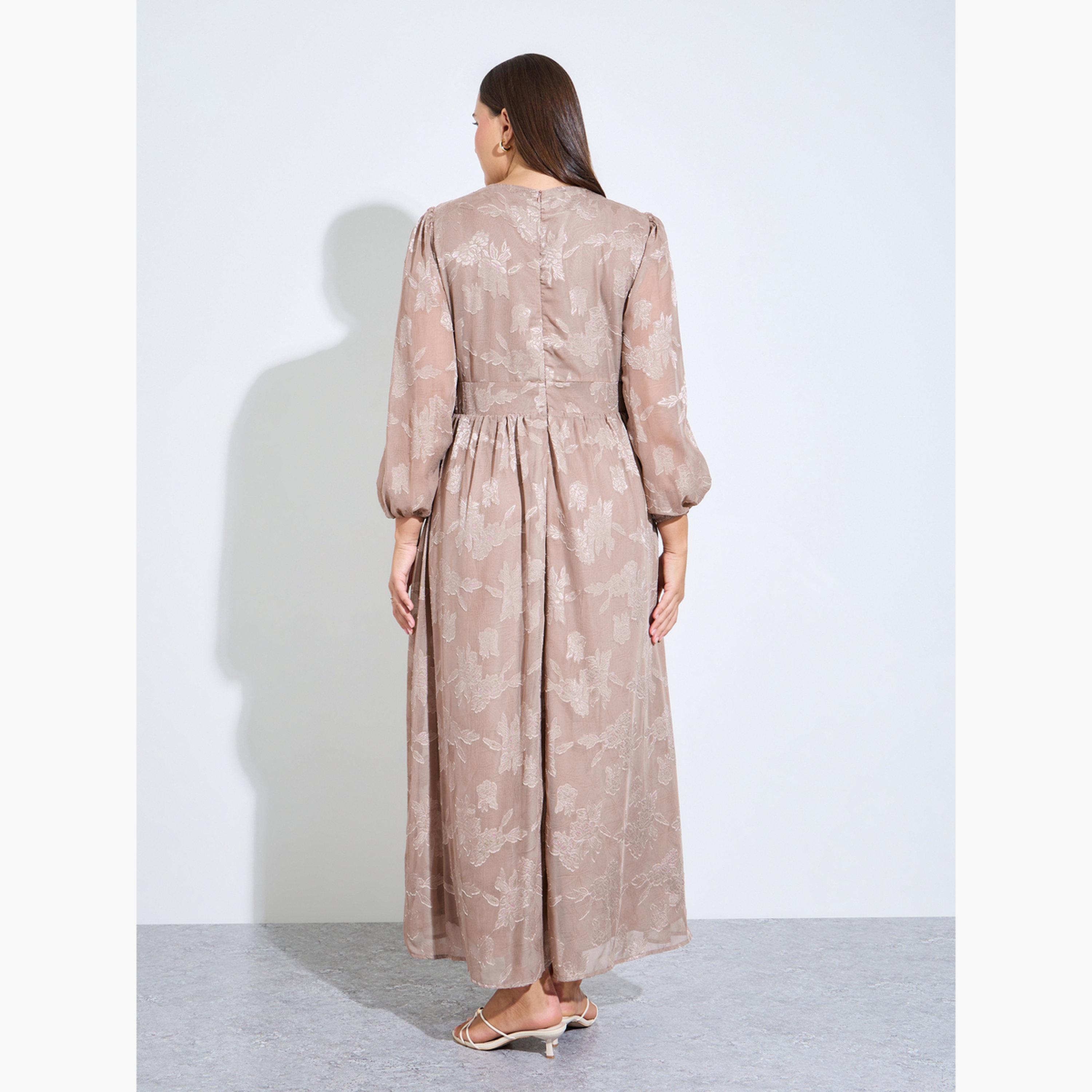Styli Plus Size Beige Floral Print Jacquard A-Line Maxi Dress-women-clothing-dresses-image-4