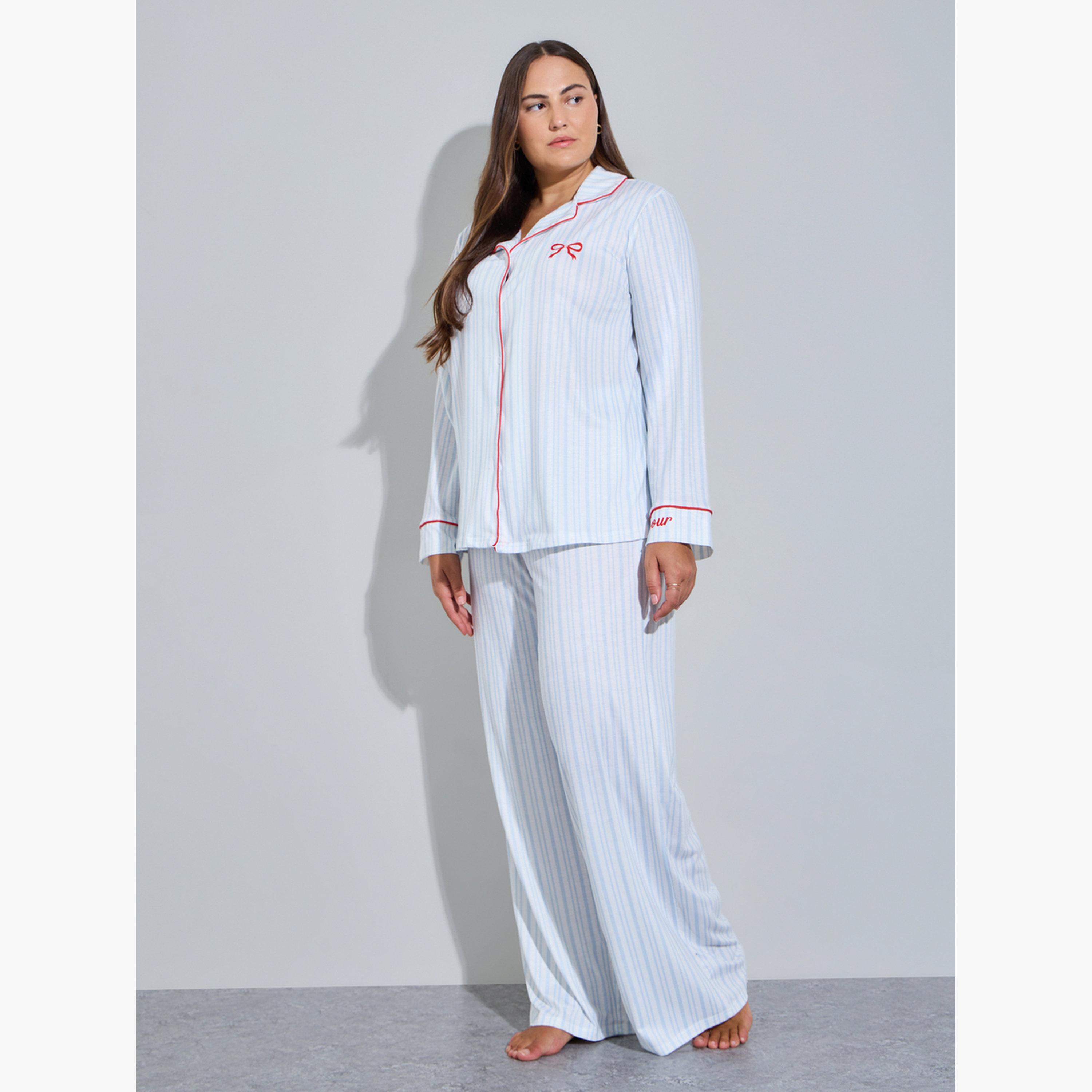 طقم بيجاما مقاس كبير من بنطال وبلوزة مخططة بتفاصيل عقدة-women-clothing-plussize-nightwear-nightwearsets-image-1