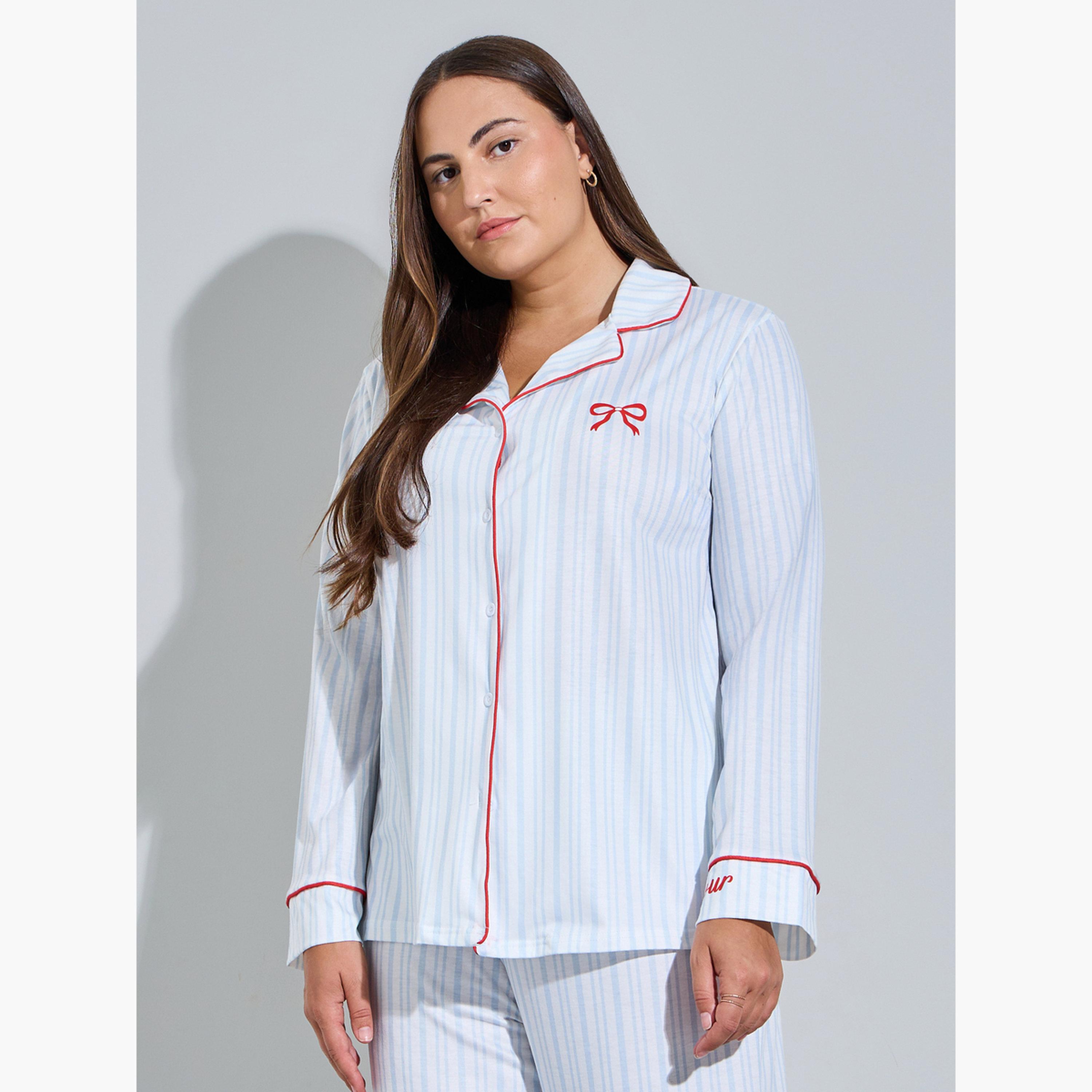 طقم بيجاما مقاس كبير من بنطال وبلوزة مخططة بتفاصيل عقدة-women-clothing-plussize-nightwear-nightwearsets-image-2