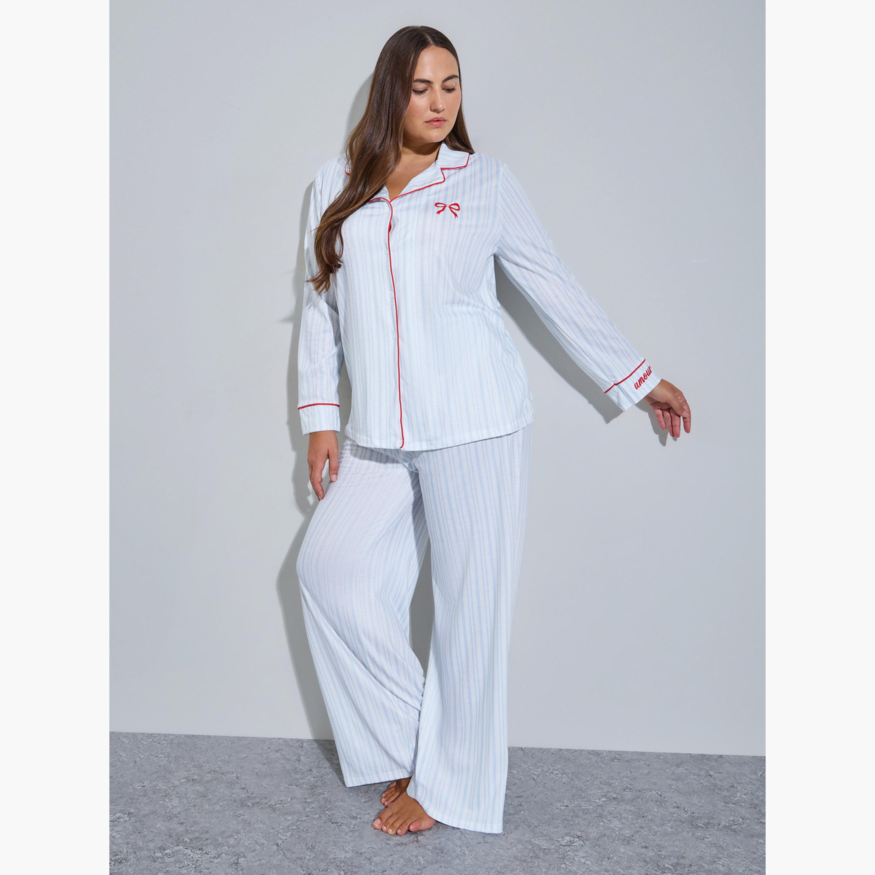 طقم بيجاما مقاس كبير من بنطال وبلوزة مخططة بتفاصيل عقدة-women-clothing-plussize-nightwear-nightwearsets-image-3