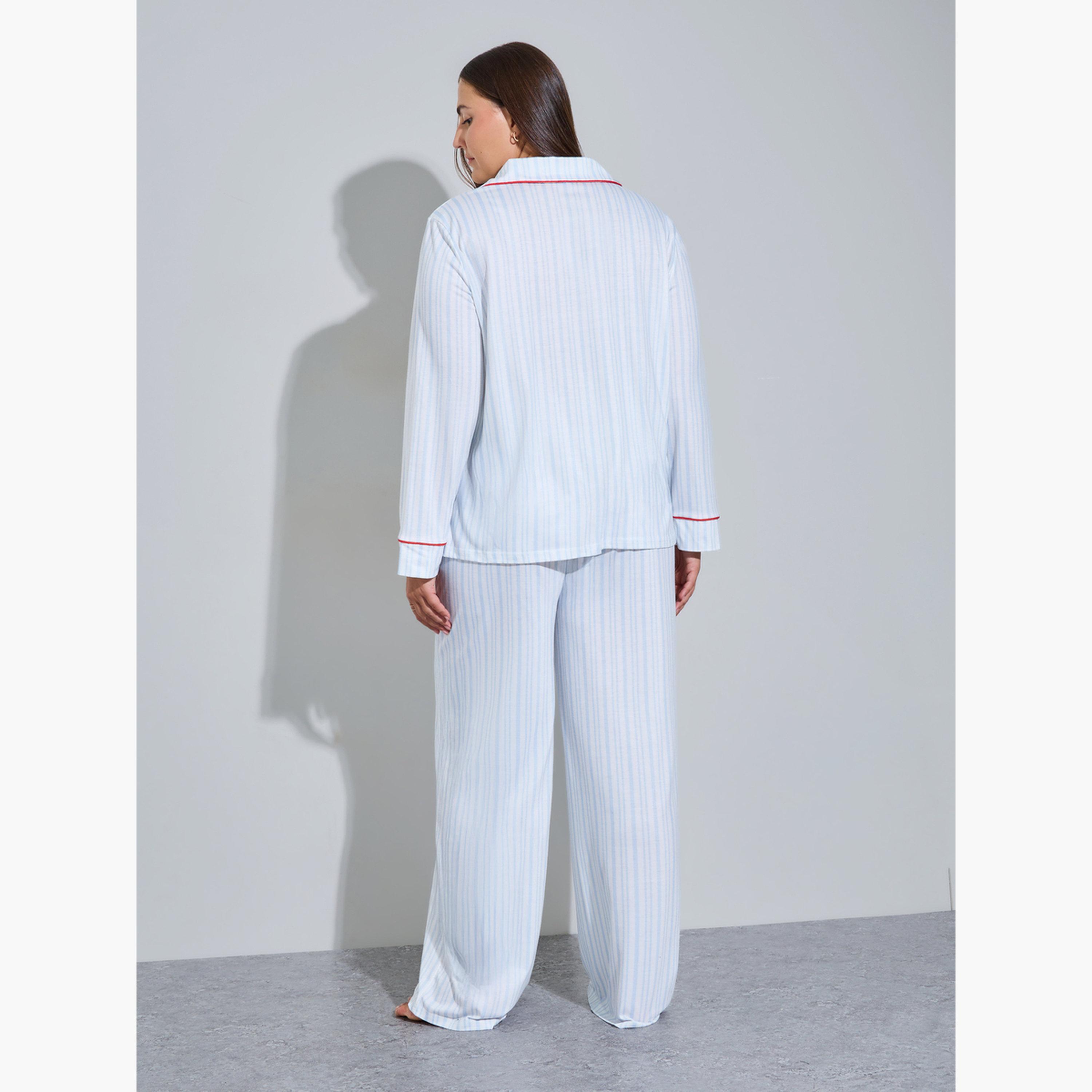 طقم بيجاما مقاس كبير من بنطال وبلوزة مخططة بتفاصيل عقدة-women-clothing-plussize-nightwear-nightwearsets-image-4