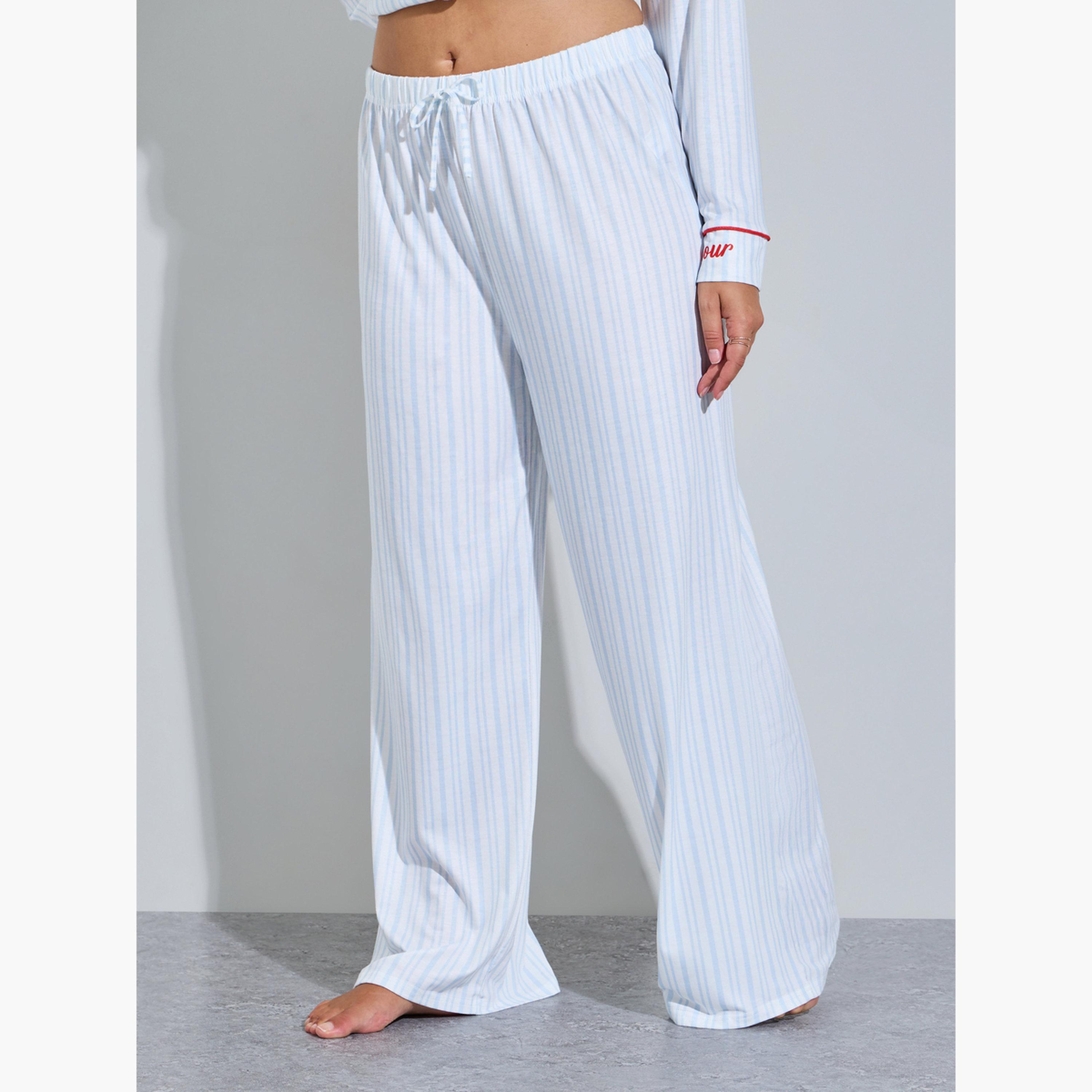 طقم بيجاما مقاس كبير من بنطال وبلوزة مخططة بتفاصيل عقدة-women-clothing-plussize-nightwear-nightwearsets-image-5