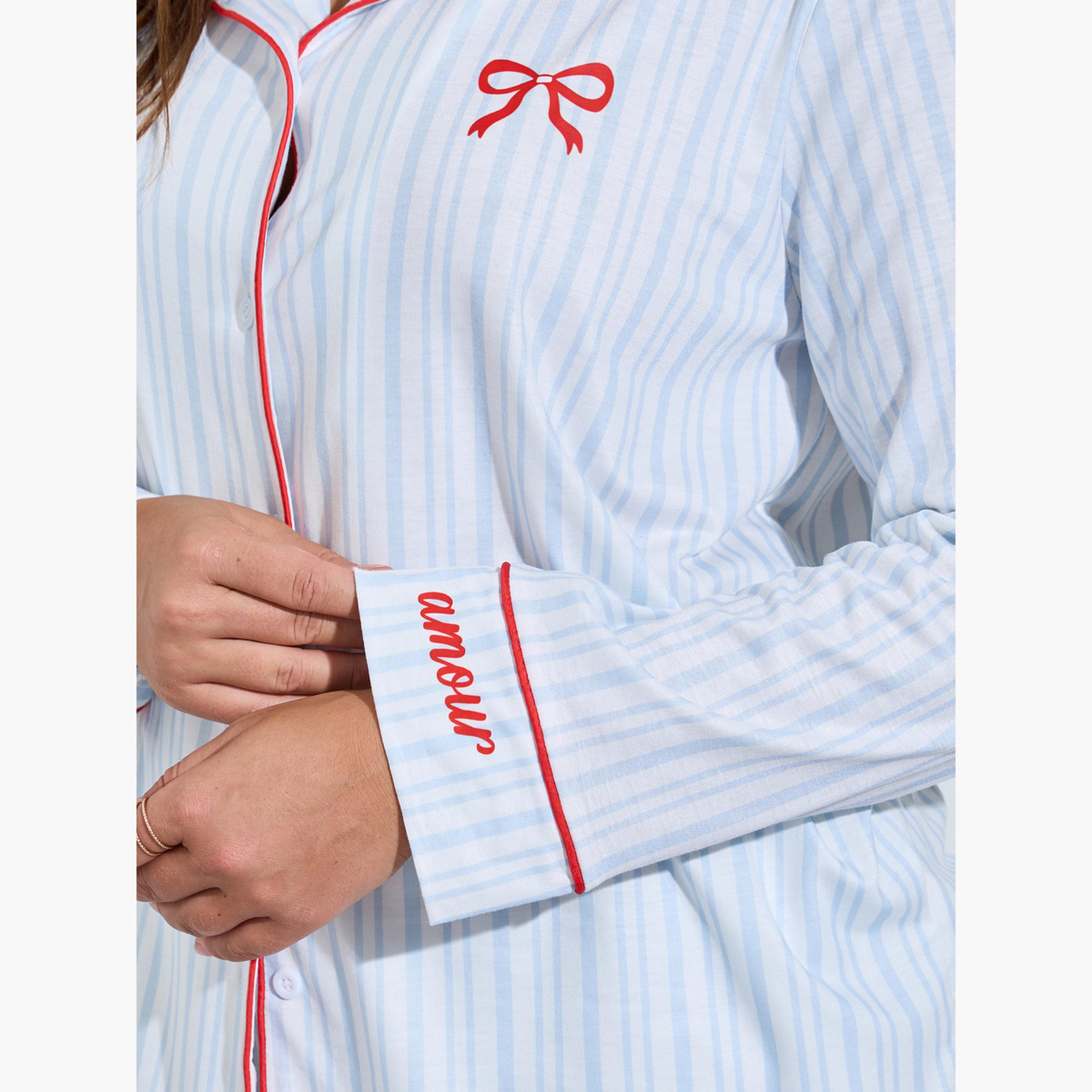 طقم بيجاما مقاس كبير من بنطال وبلوزة مخططة بتفاصيل عقدة-women-clothing-plussize-nightwear-nightwearsets-image-6