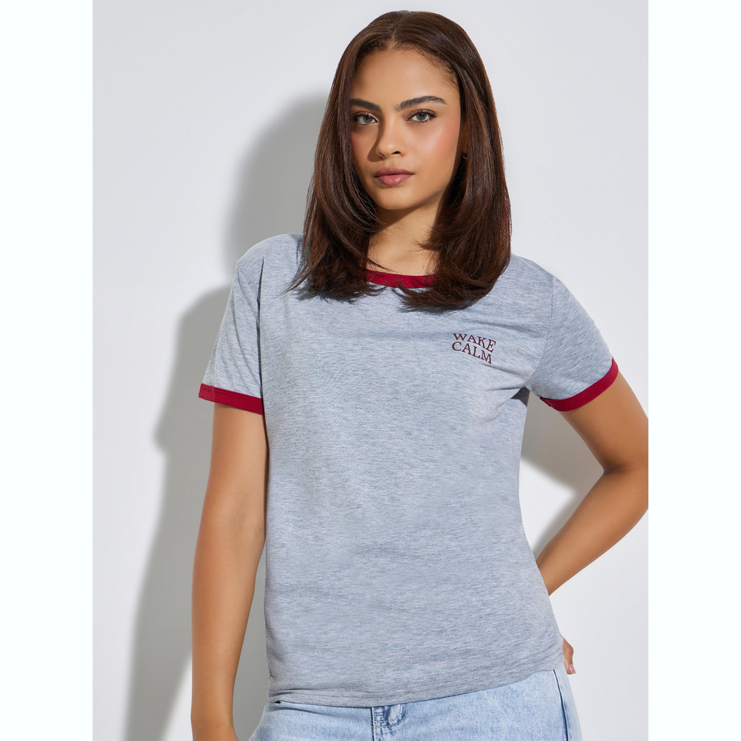 Styli Grey Contrast Trim Regular Fit T-Shirt-women-clothing-tshirts-image-1