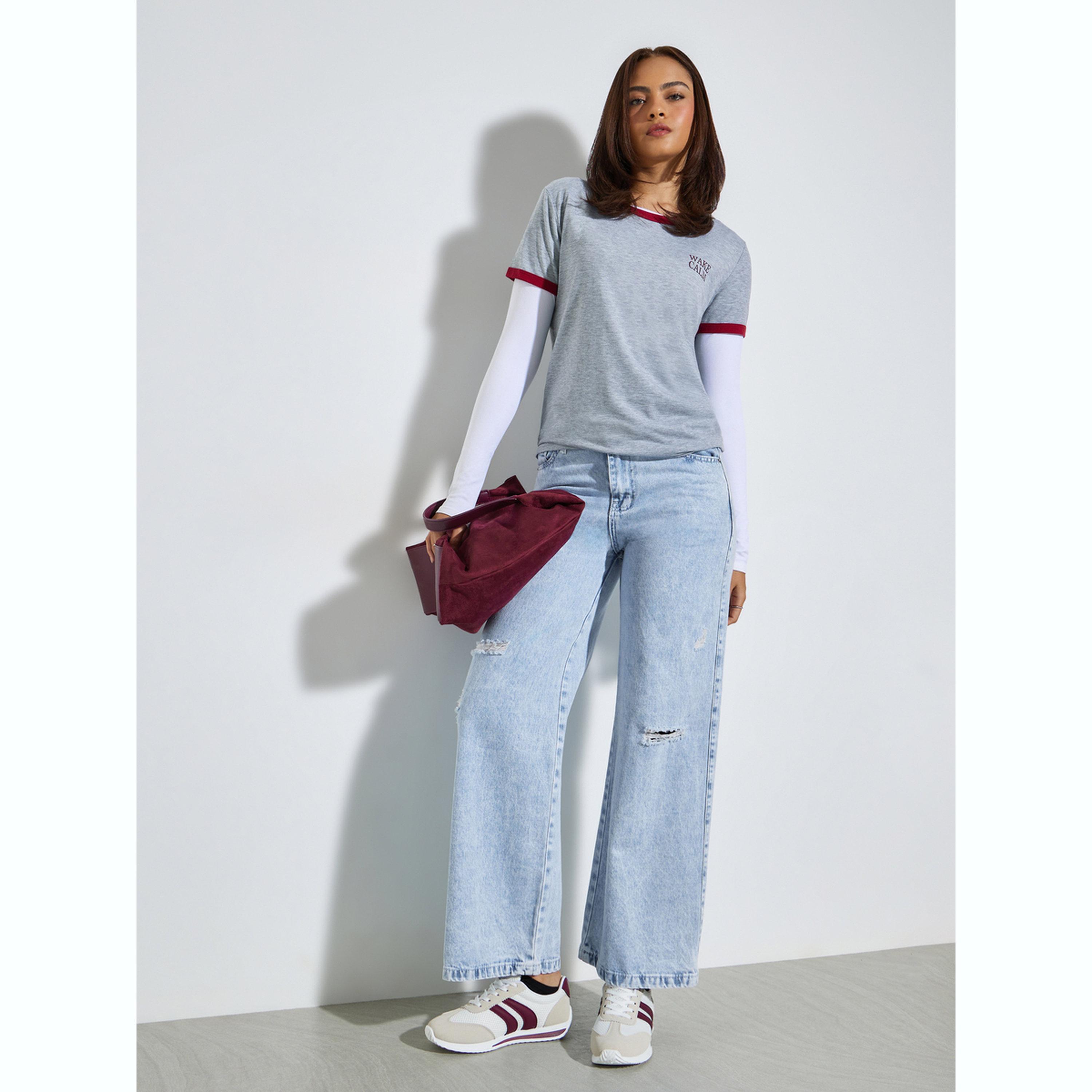 Styli Grey Contrast Trim Regular Fit T-Shirt-women-clothing-tshirts-image-2