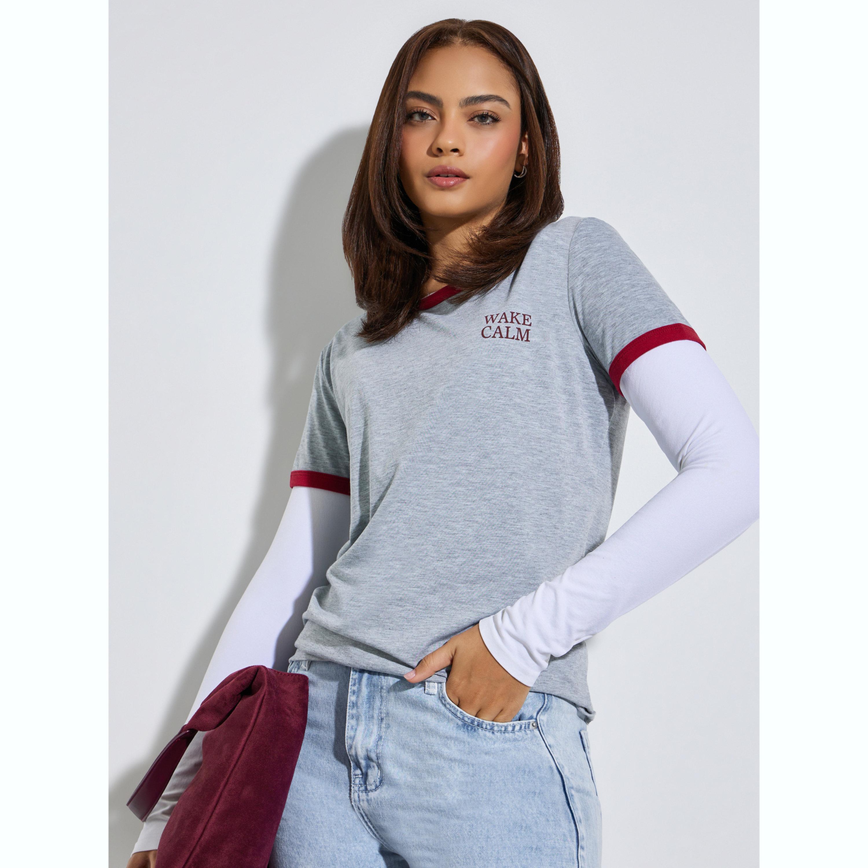 Styli Grey Contrast Trim Regular Fit T-Shirt-women-clothing-tshirts-image-3