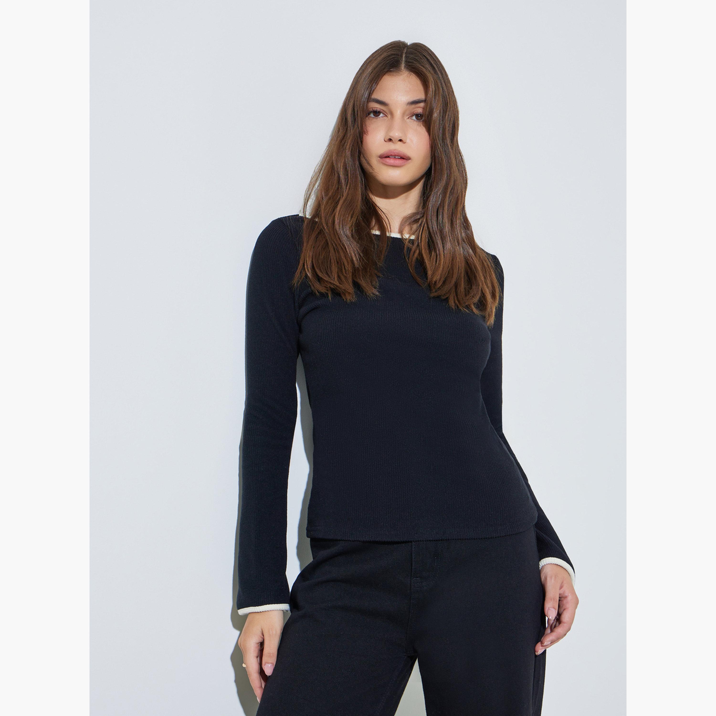 Styli Black Boat Neck Knit Top with Tipping Detail-women-clothing-tshirts-image-1