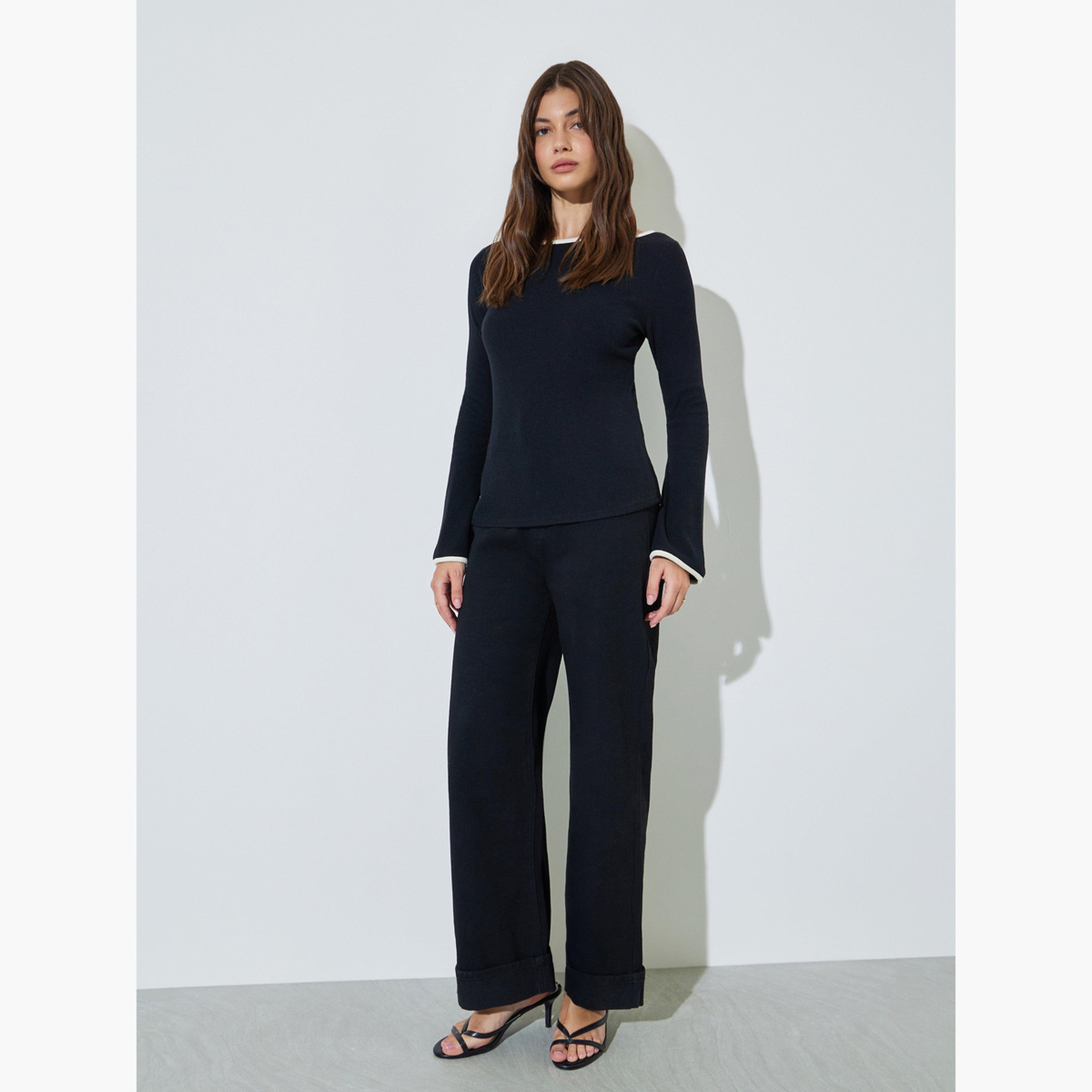 Styli Black Boat Neck Knit Top with Tipping Detail-women-clothing-tshirts-image-2