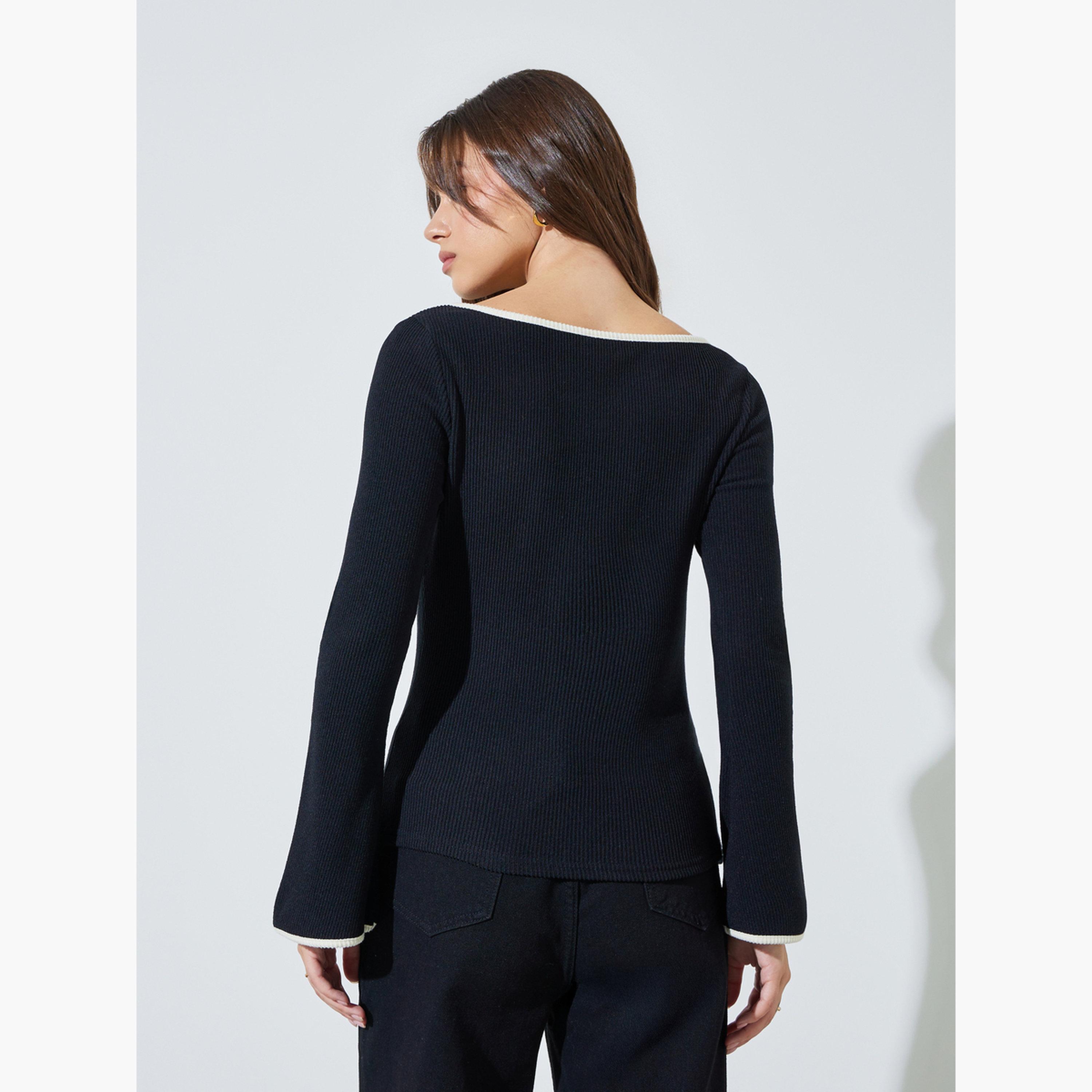 Styli Black Boat Neck Knit Top with Tipping Detail-women-clothing-tshirts-image-3