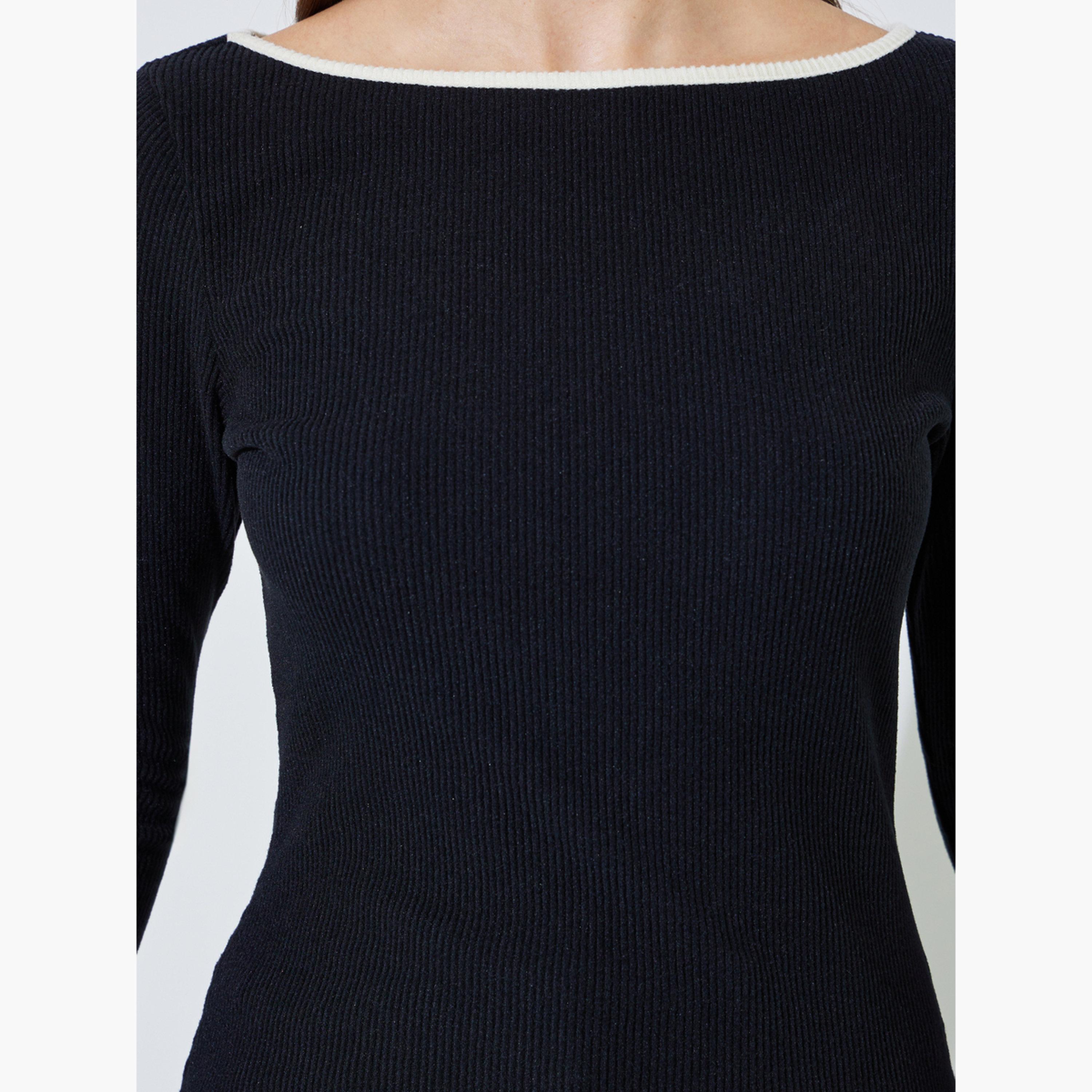 Styli Black Boat Neck Knit Top with Tipping Detail-women-clothing-tshirts-image-4
