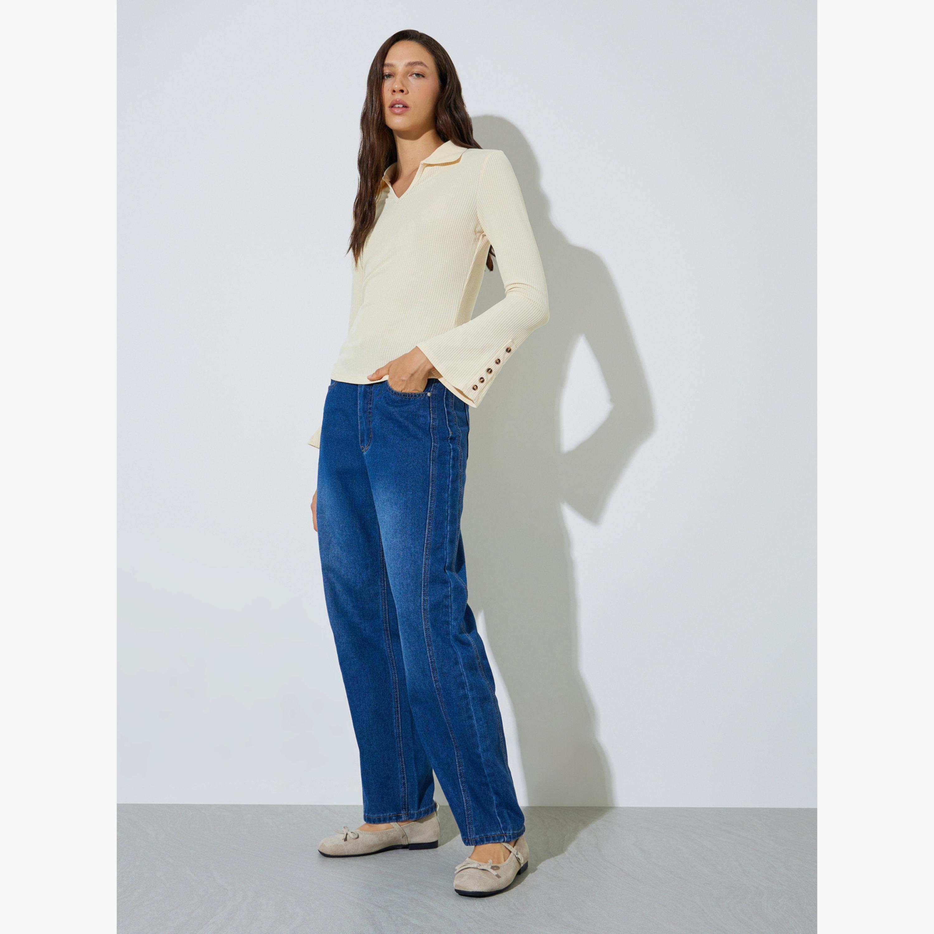 Styli Yellow Button Details Flared Cuffs Ribbed Knit Polo Top-women-clothing-shirtsandblouses-blouses-image-2