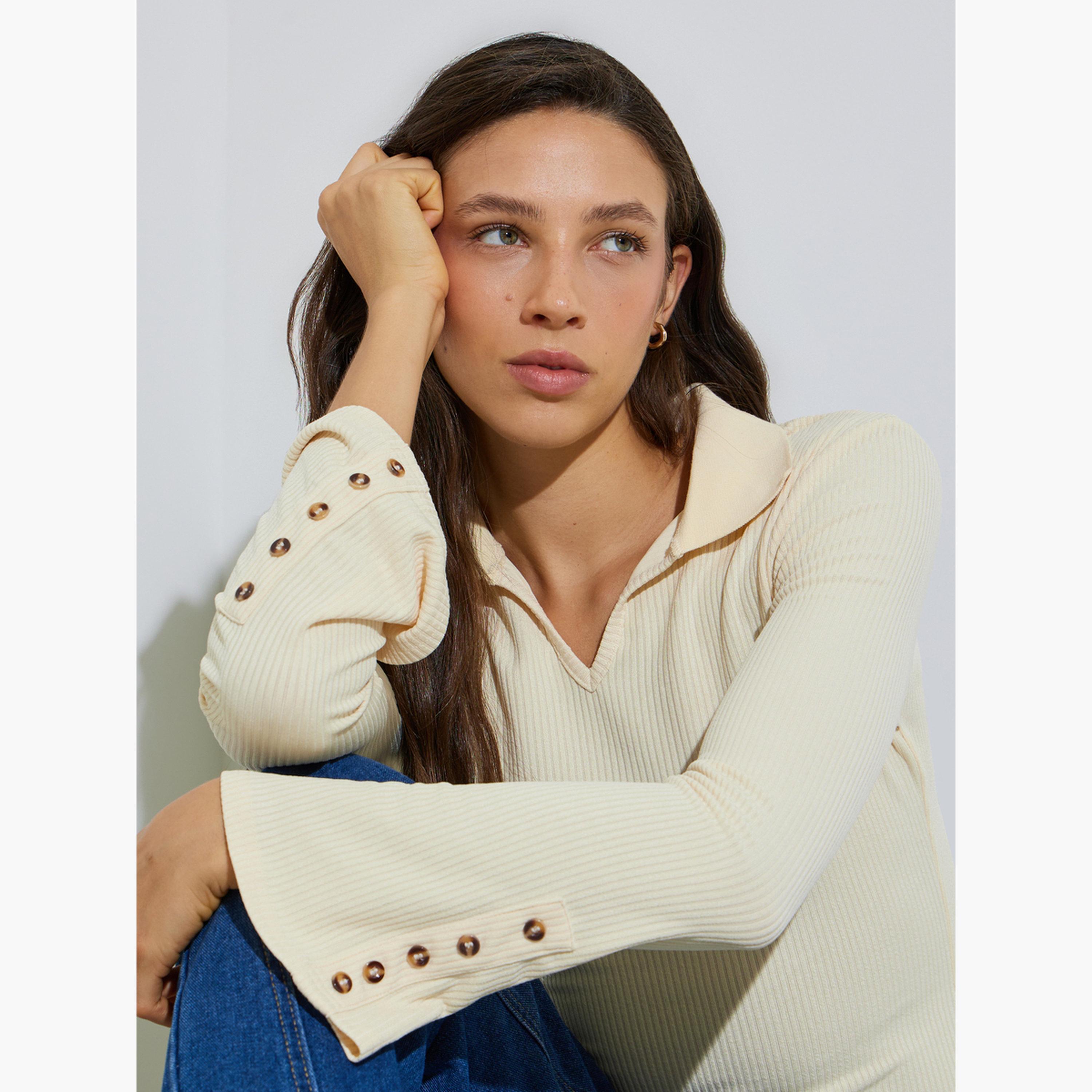 Styli Yellow Button Details Flared Cuffs Ribbed Knit Polo Top-women-clothing-shirtsandblouses-blouses-image-3