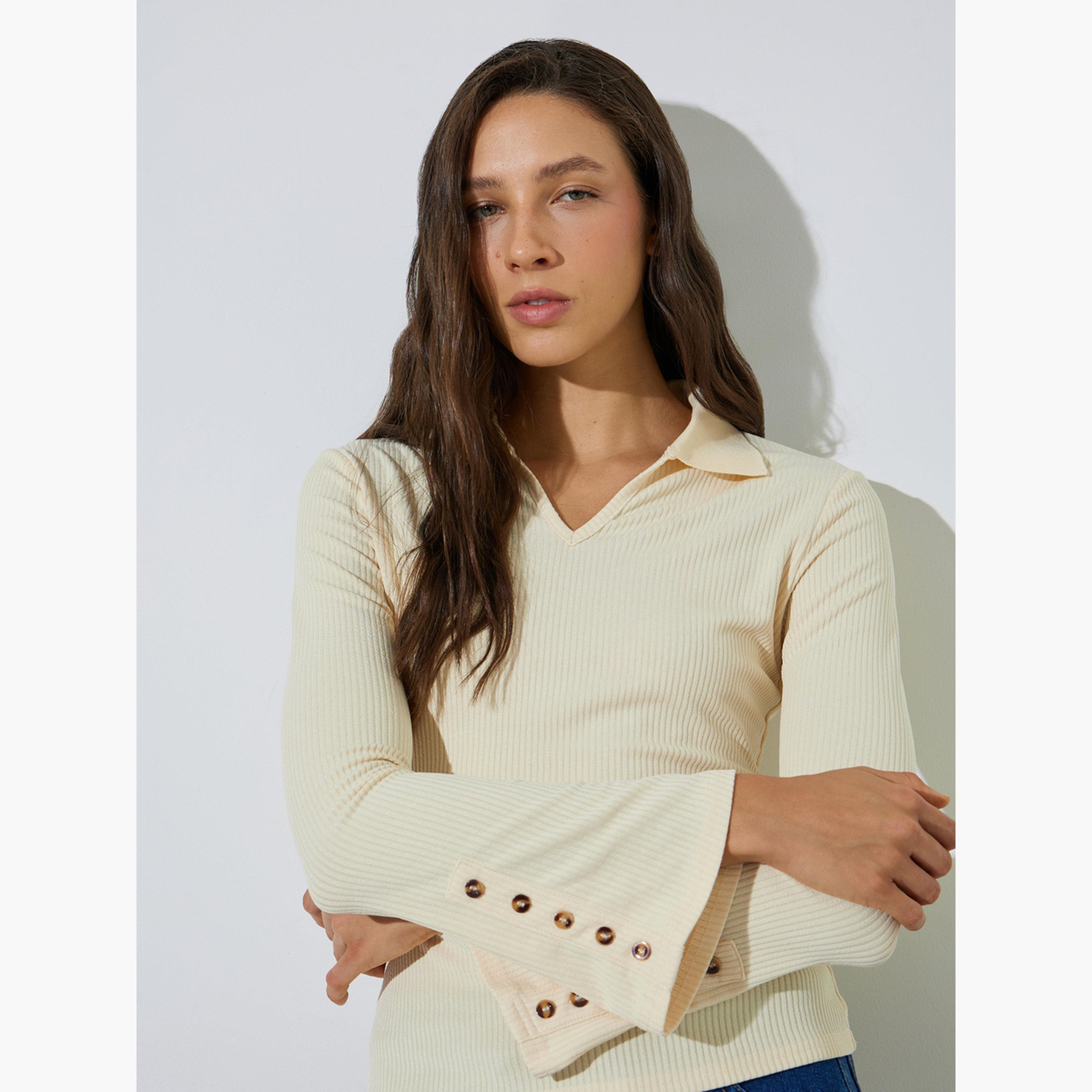 Styli Yellow Button Details Flared Cuffs Ribbed Knit Polo Top-women-clothing-shirtsandblouses-blouses-image-4
