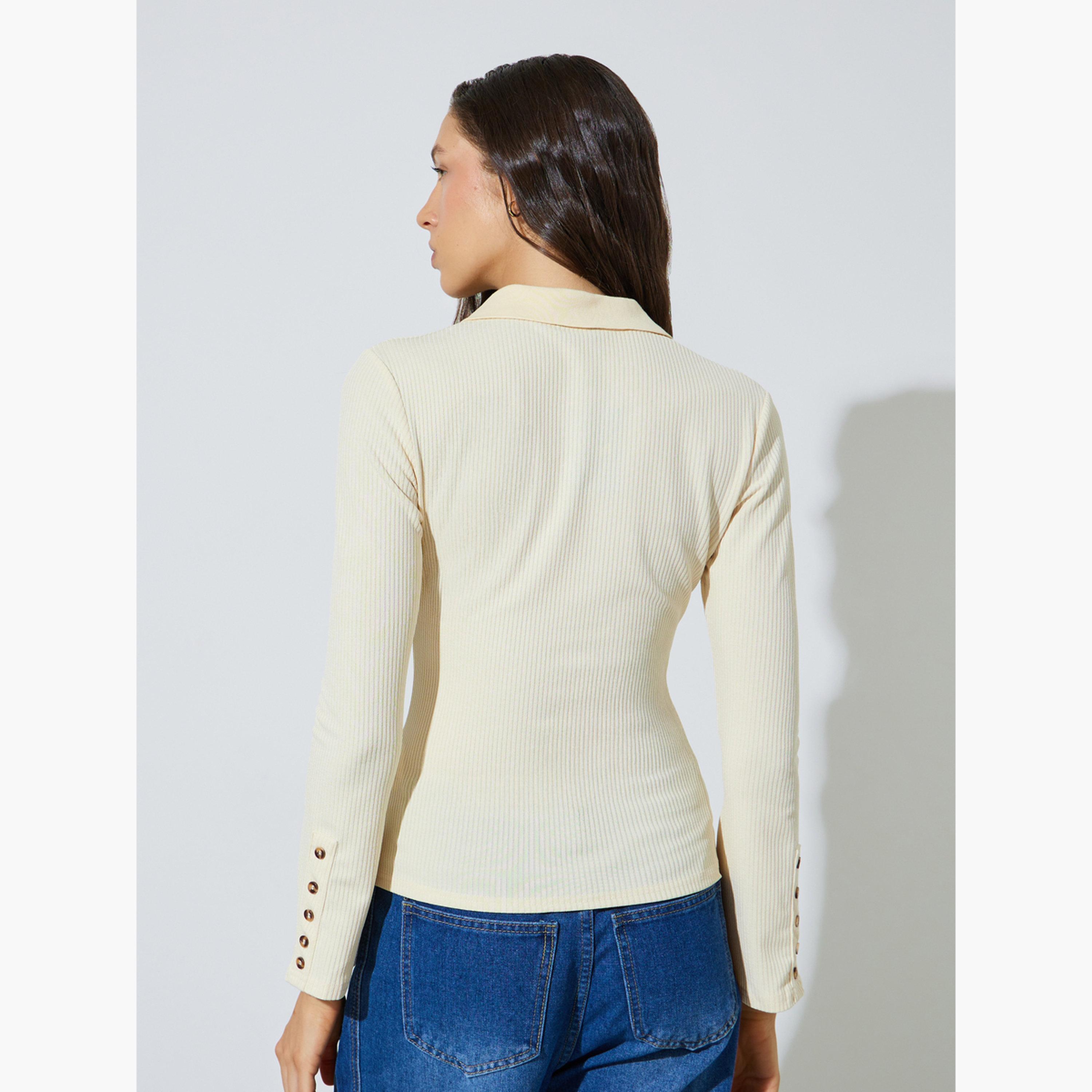 Styli Yellow Button Details Flared Cuffs Ribbed Knit Polo Top-women-clothing-shirtsandblouses-blouses-image-5