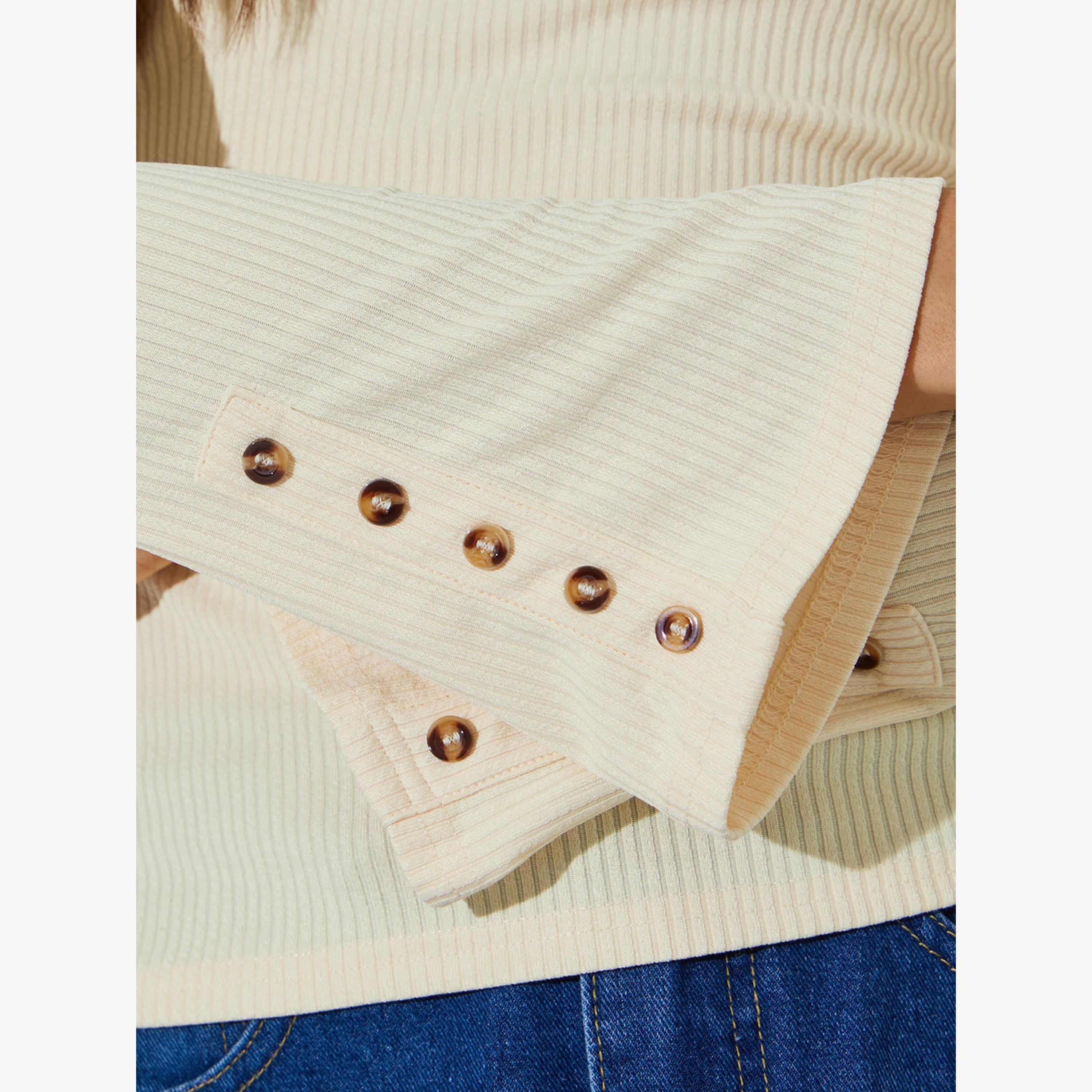 Styli Yellow Button Details Flared Cuffs Ribbed Knit Polo Top-women-clothing-shirtsandblouses-blouses-image-6