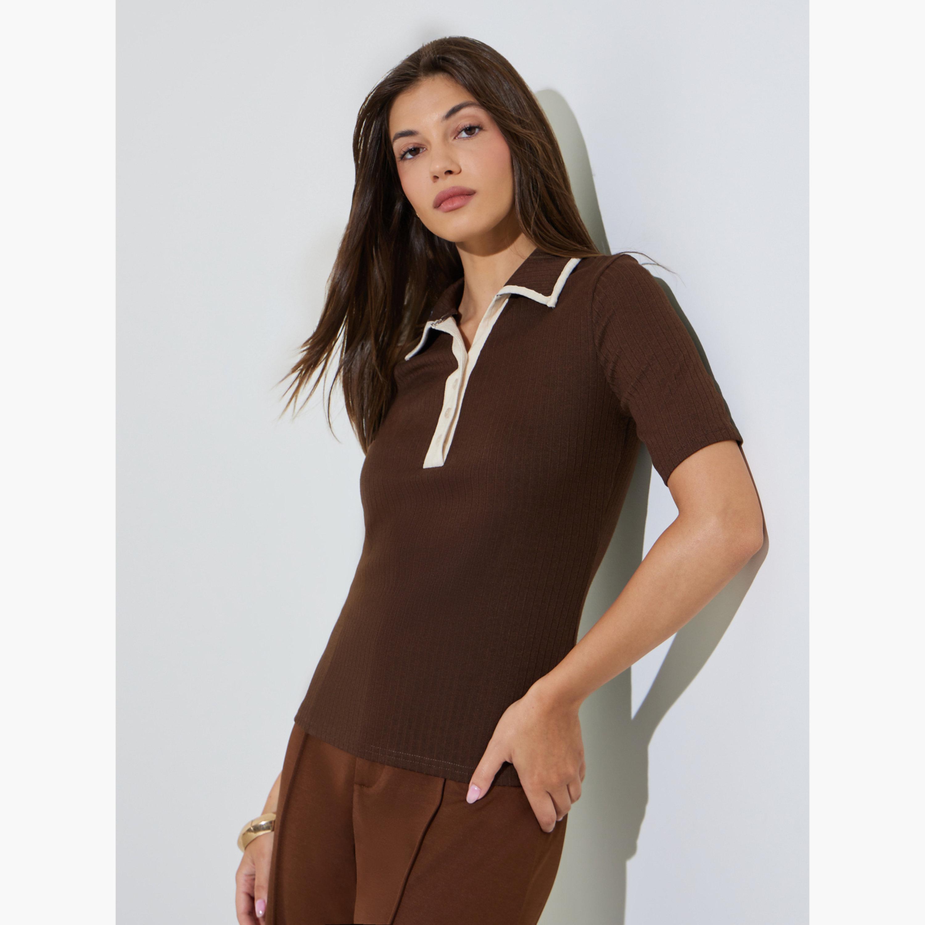 Styli Brown Fitted Knit Top with Short Sleeves-women-clothing-tshirts-image-1