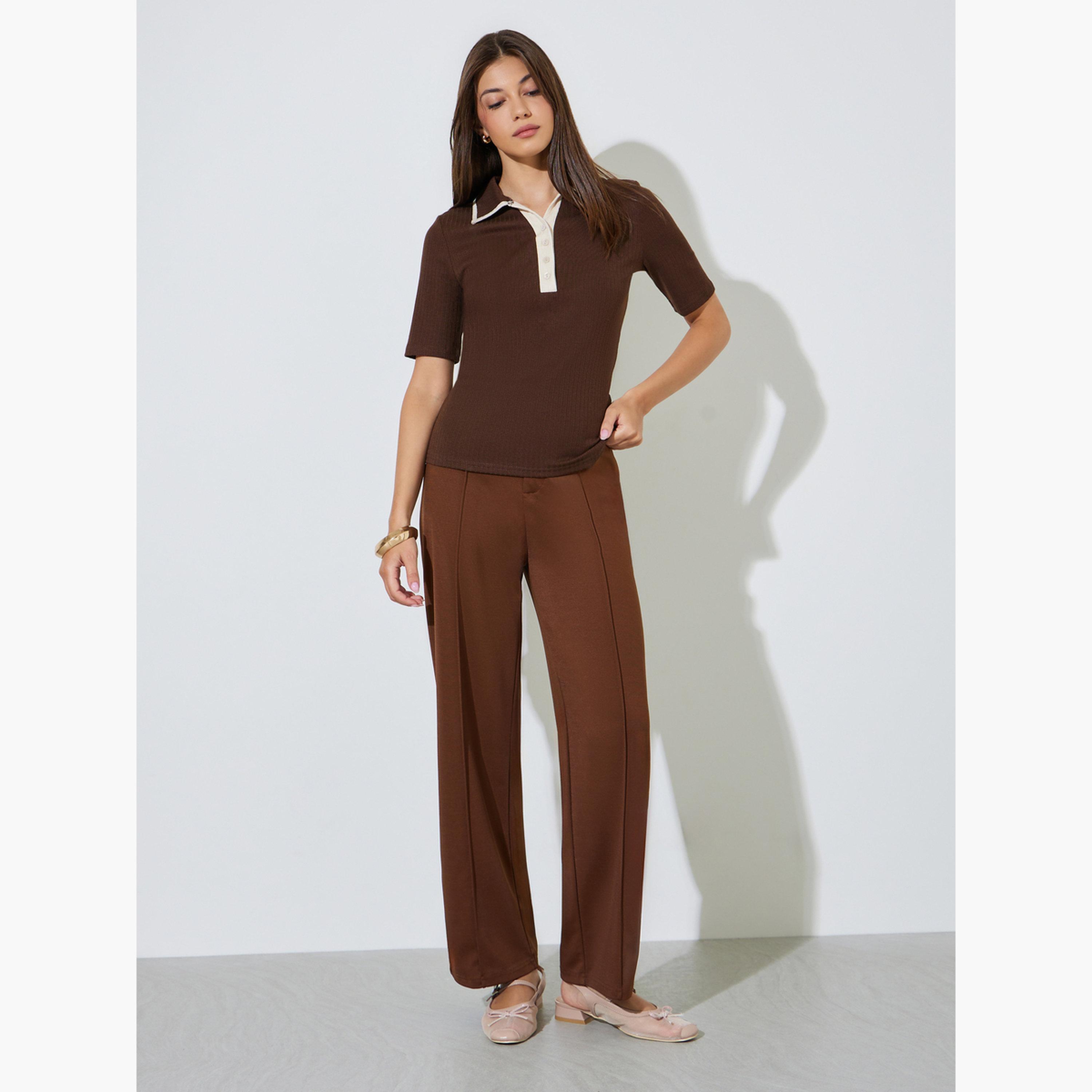 Styli Brown Fitted Knit Top with Short Sleeves-women-clothing-tshirts-image-2