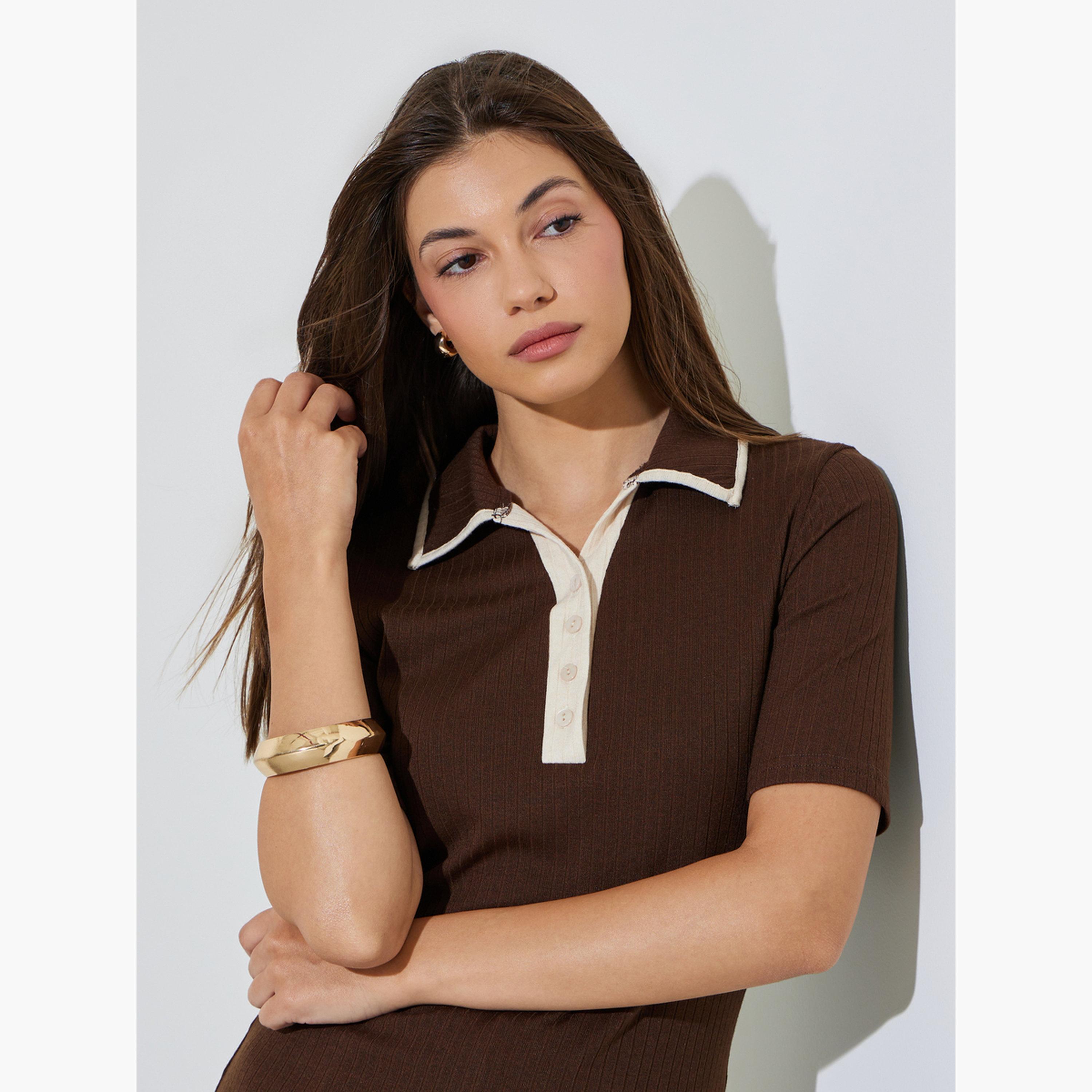 Styli Brown Fitted Knit Top with Short Sleeves-women-clothing-tshirts-image-3