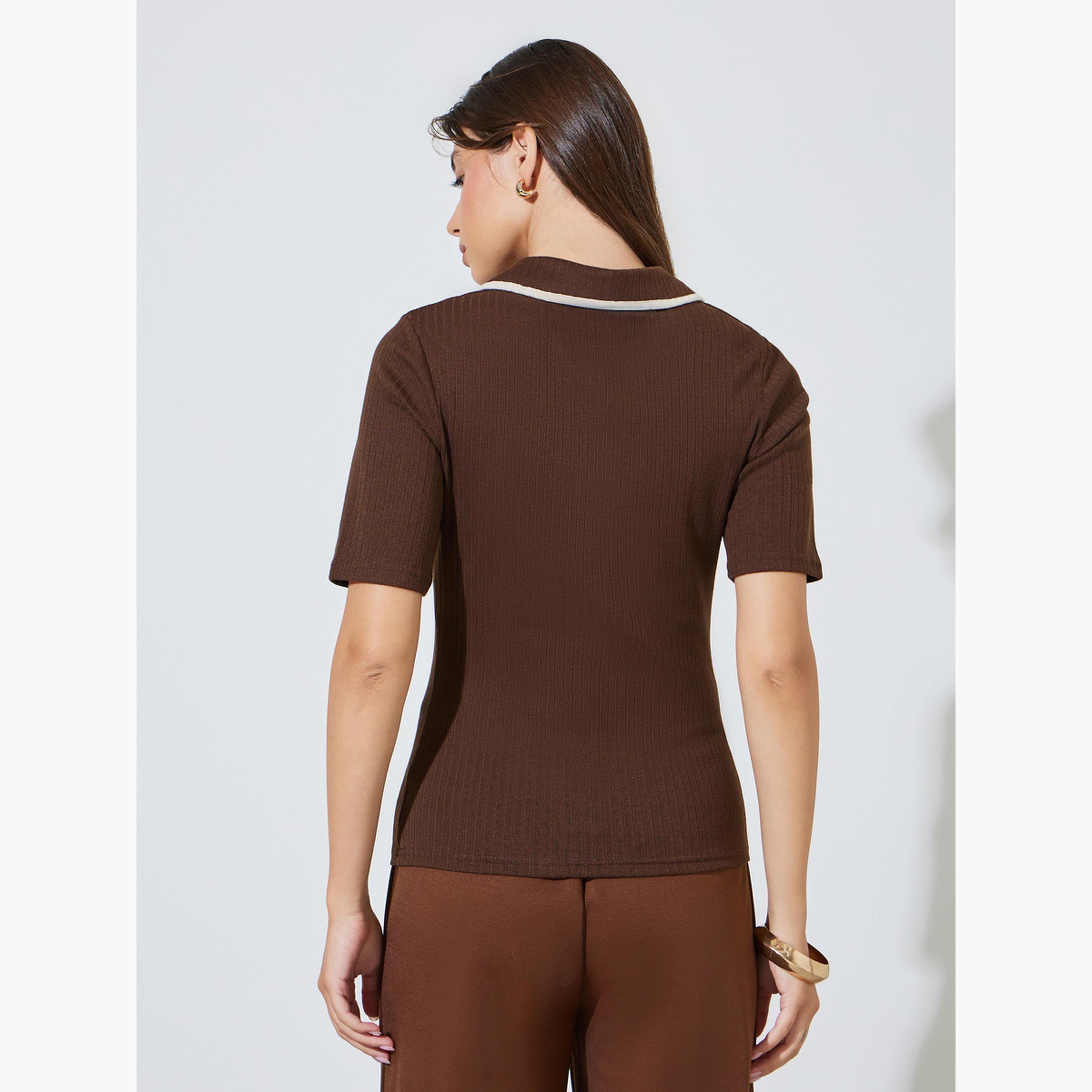 Styli Brown Fitted Knit Top with Short Sleeves-women-clothing-tshirts-image-4