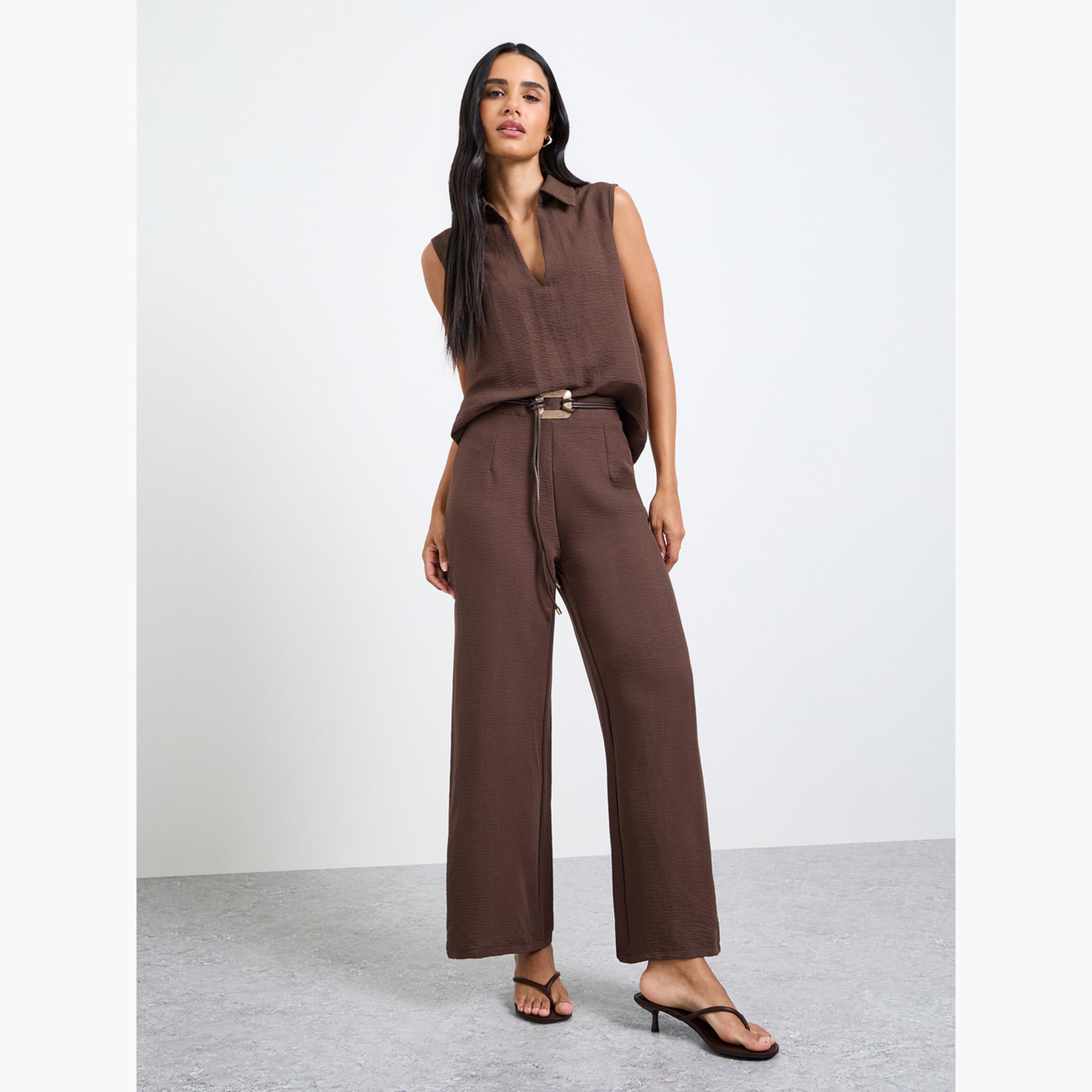 Take Two Brown Open Collar Top and Pants Co-Ords Set-women-clothing-coordsets-image-1