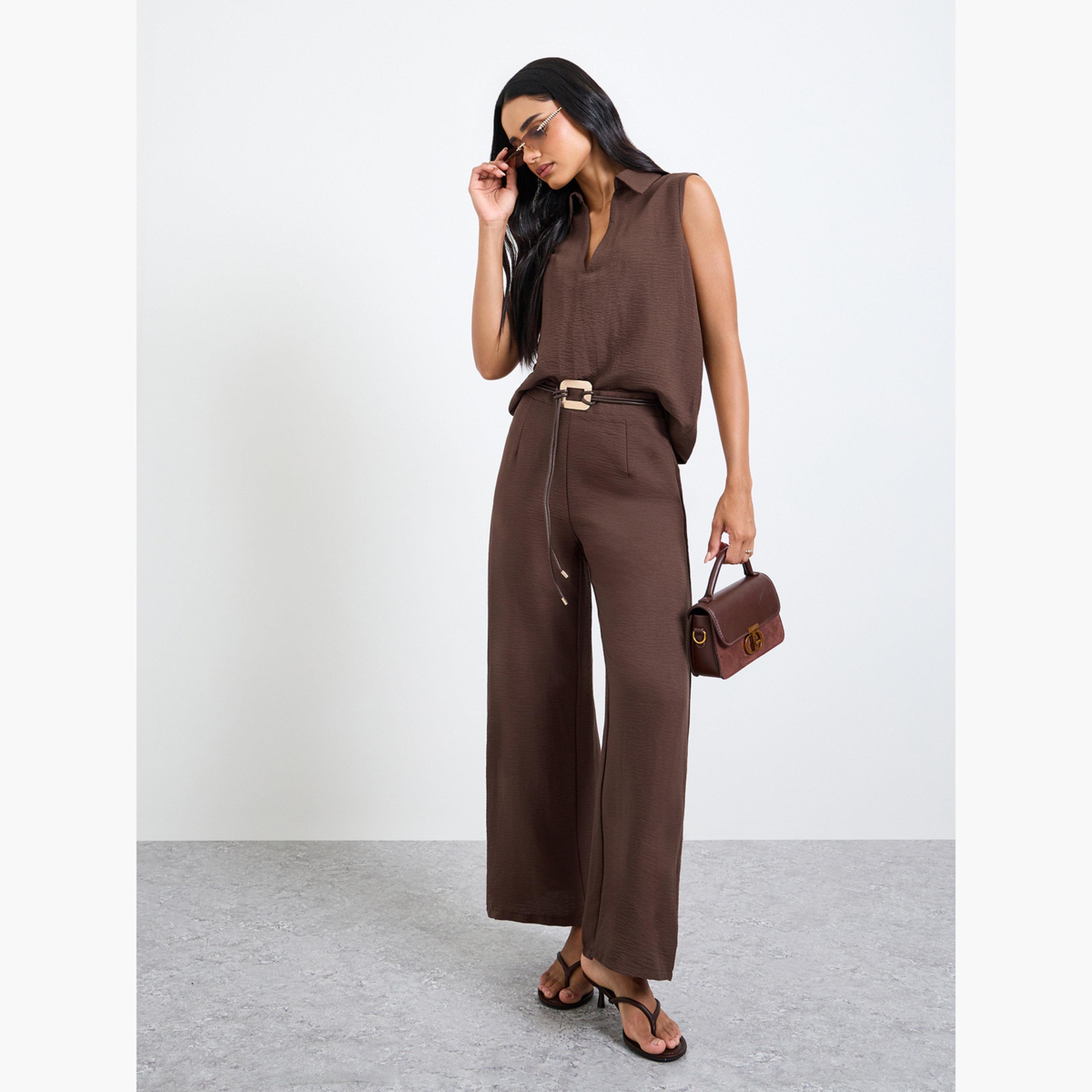 Take Two Brown Open Collar Top and Pants Co-Ords Set-women-clothing-coordsets-image-2