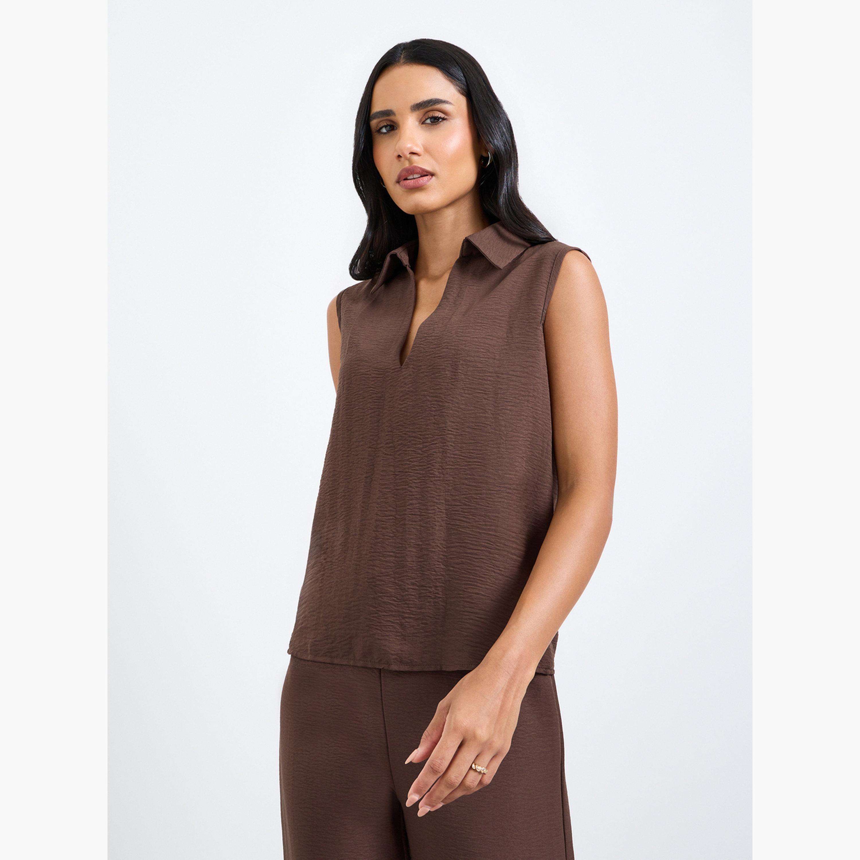 Take Two Brown Open Collar Top and Pants Co-Ords Set-women-clothing-coordsets-image-3
