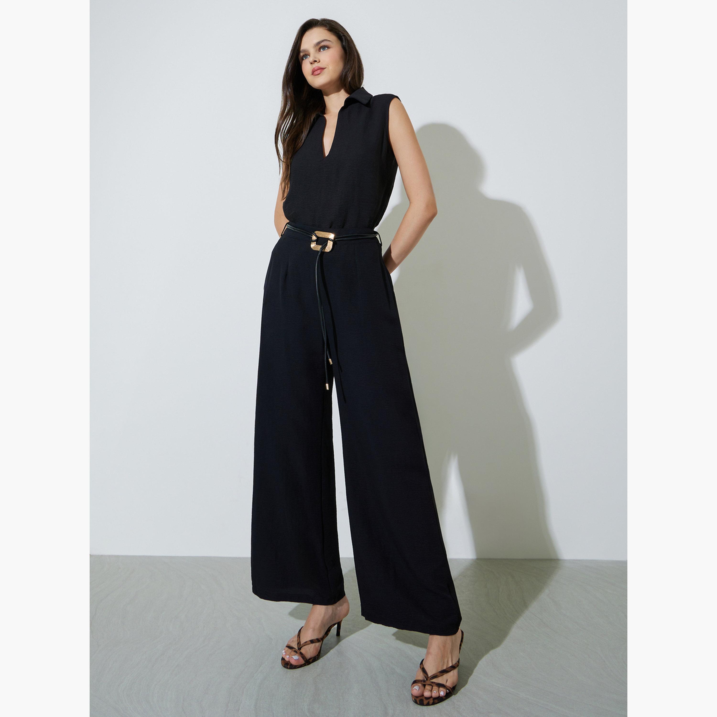 Take Two Black Open Collar Top and Pants Co-Ords Set-women-clothing-coordsets-image-1
