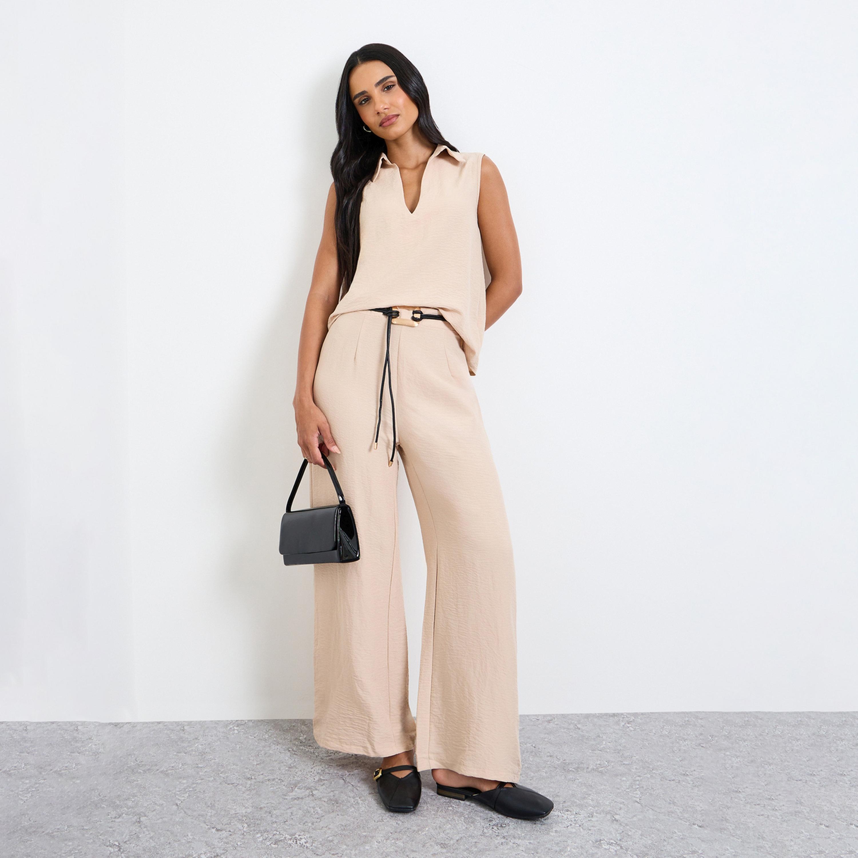 Take Two Beige Open Collar Top and Pants Co-Ords Set-women-clothing-coordsets-image-1