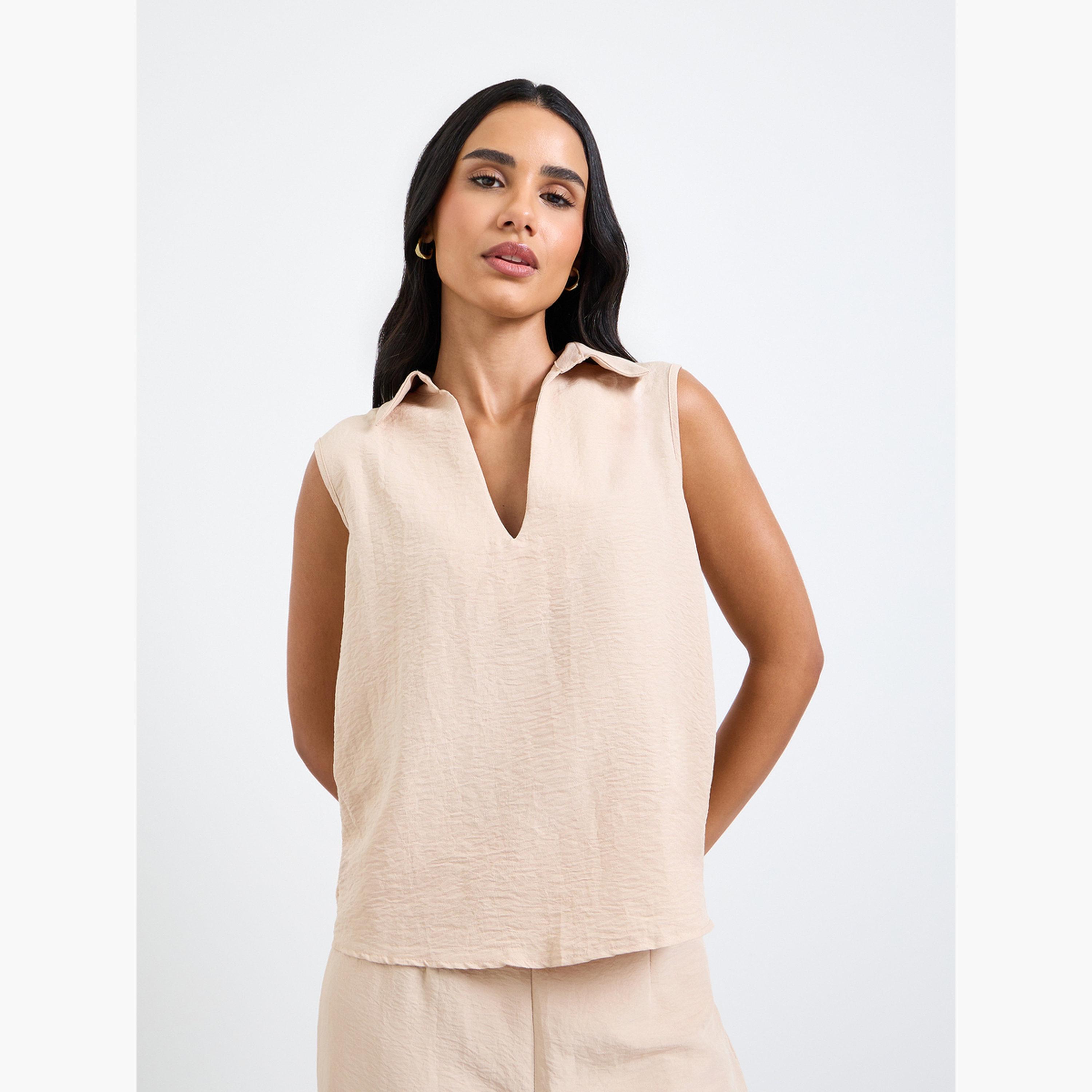 Take Two Beige Open Collar Top and Pants Co-Ords Set-women-clothing-coordsets-image-2