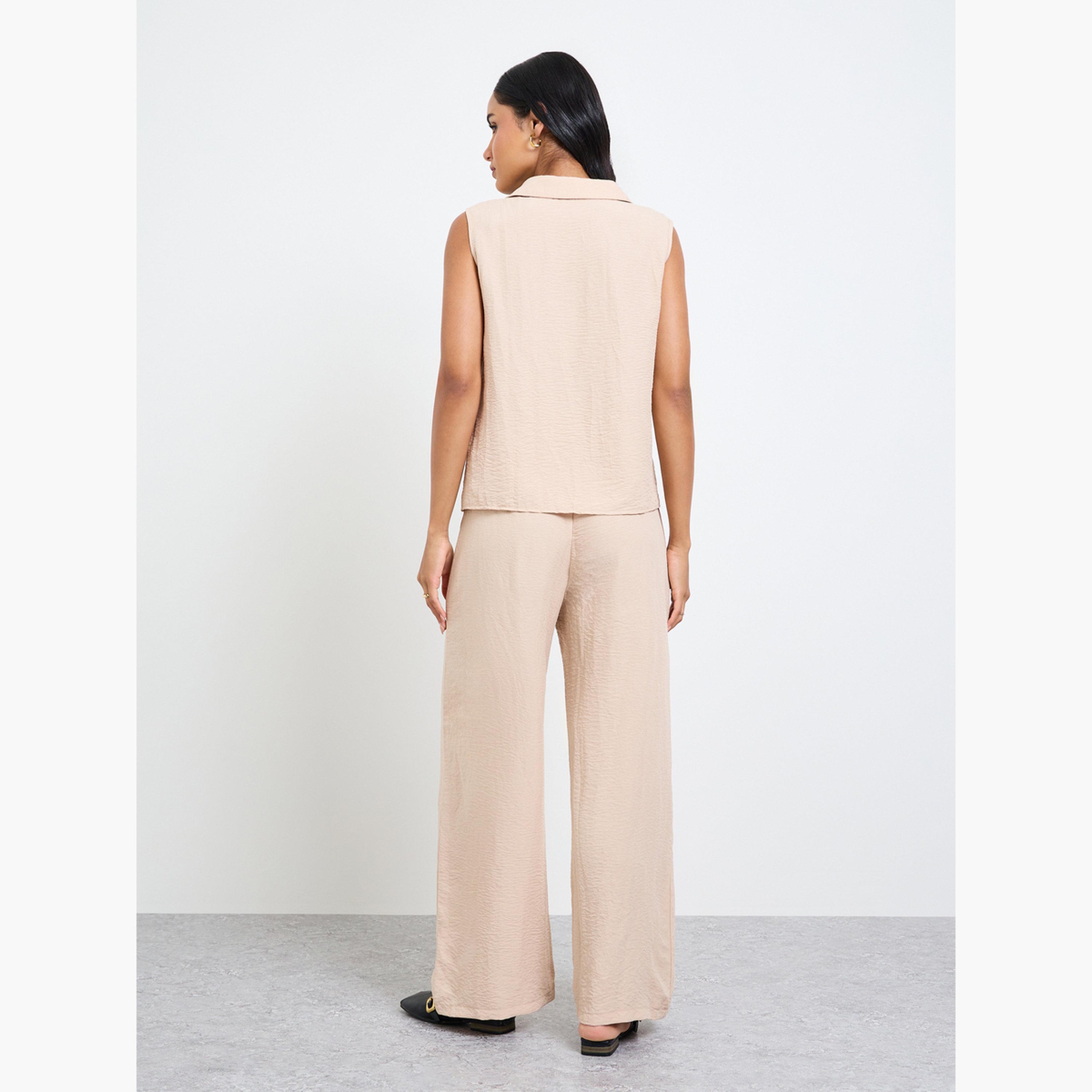 Take Two Beige Open Collar Top and Pants Co-Ords Set-women-clothing-coordsets-image-3