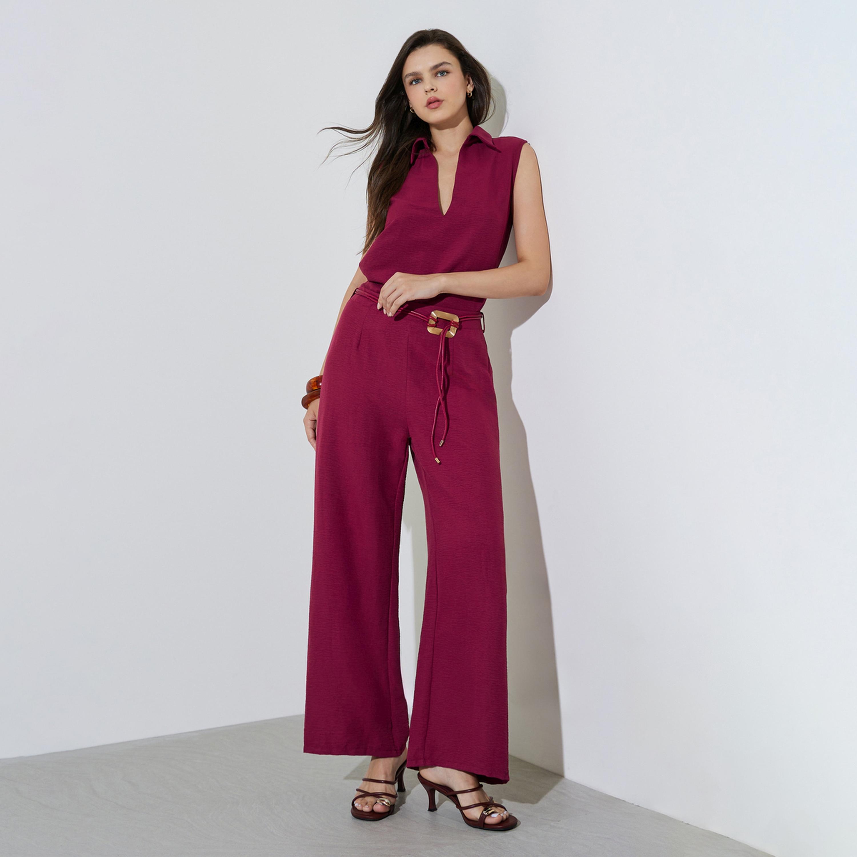 Take Two Burgundy Open Collar Top and Pants Co-Ords Set-women-clothing-coordsets-image-1